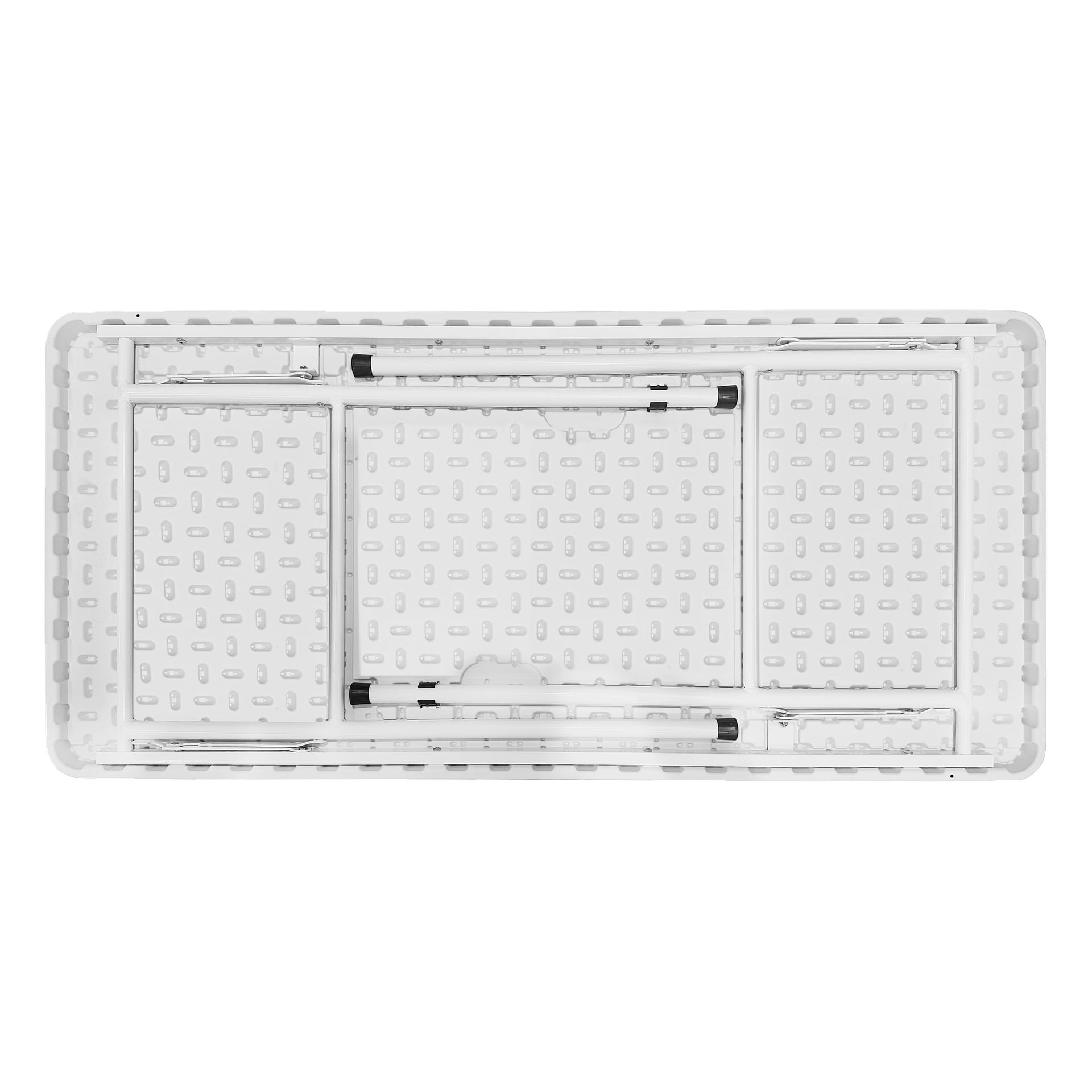 Undersida av EKVIP Folding Table med en metallstödram och fällbara ben på en texturerad vit plastbas.