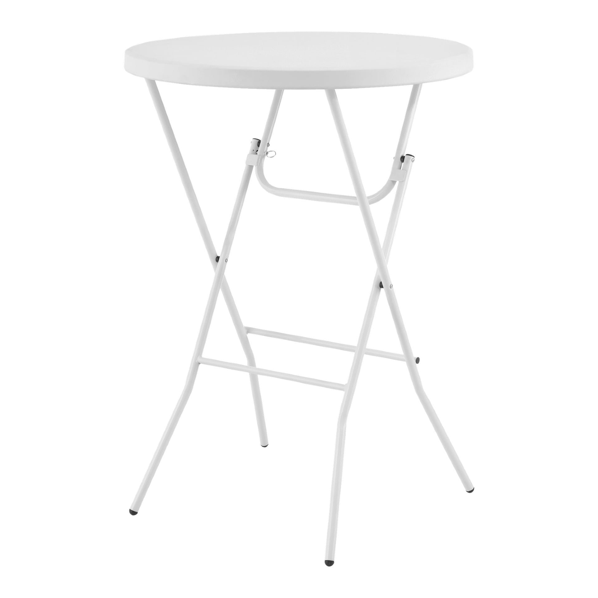 EKVIP Folding barbord har ett cirkulärt vitt bordsbord som stöds av fyra metallben med sammanlänkande stödstänger och svarta fötter.