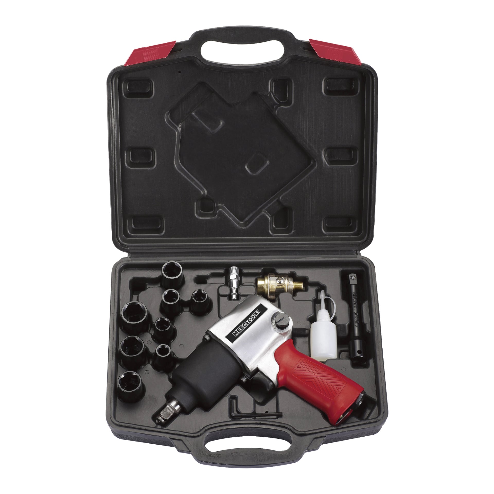 Ein 13-teiliges Meec Tools Pneumatic Nut Runner Set ist ordentlich in einem stabilen schwarzen Kunststoffgehäuse mit rotem Griff arrangiert, wobei jedes Element – Mutterläufer, Steckdosen und Zubehör – in sein vorgesehenes Fach zur sicheren Organisation passt.