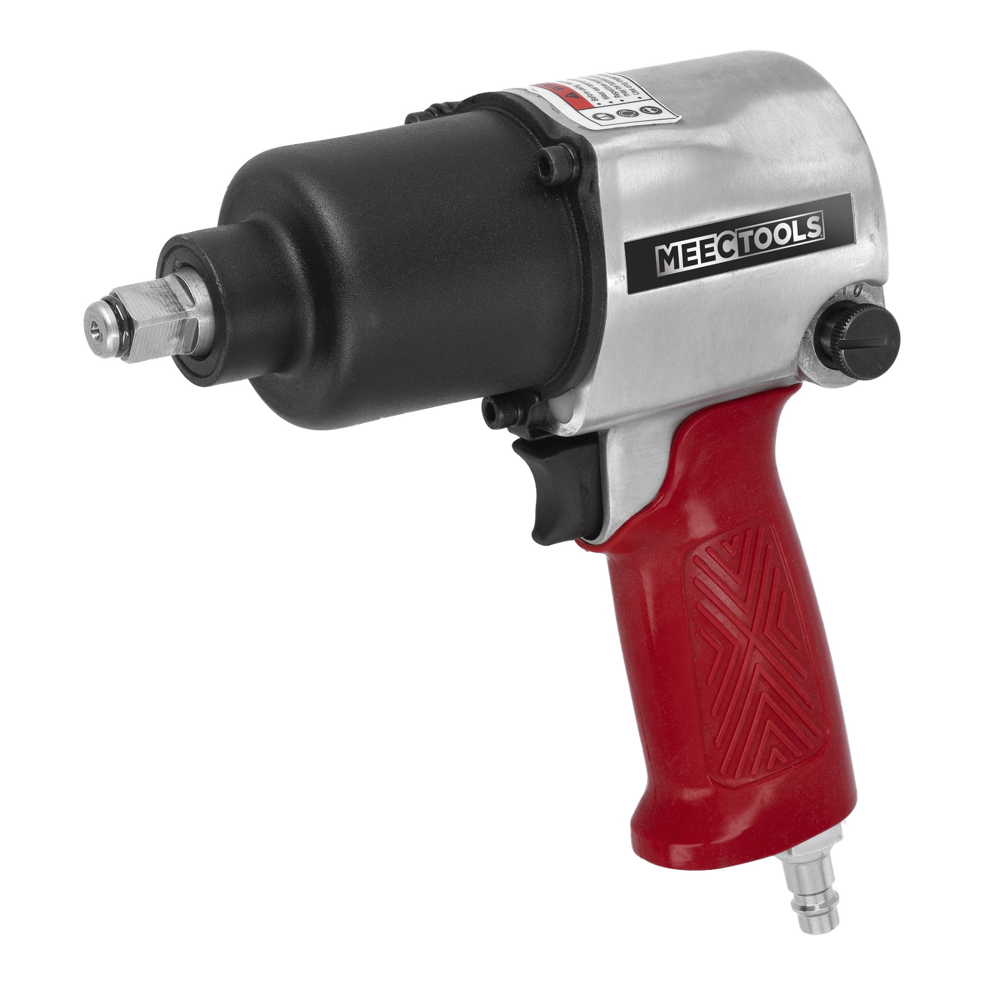 Ein pneumatischer Mutterläufer von Meec Tools aus einem 13-teiligen Set, der sich durch seinen schwarzen Vorderteil, den metallischen Hauptkörper, den rot strukturierten Griff für Grip und einen Lufteinlass am Boden auszeichnet. Die Seite zeigt das Markenlogo von Meec Tools.