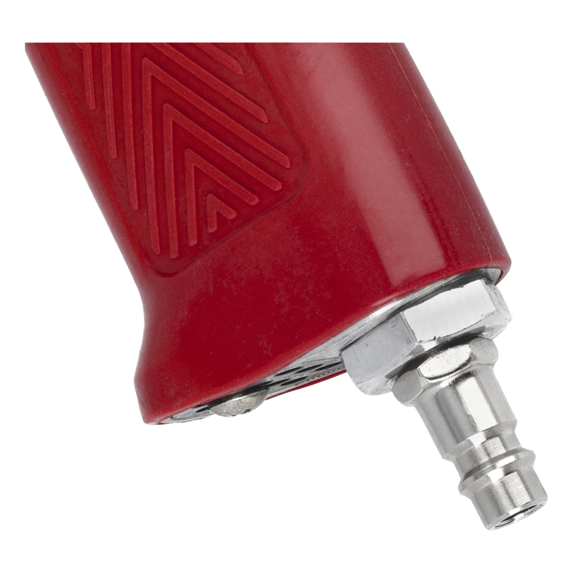 Detaillierte Ansicht eines roten Griffs pneumatischen Mutterläufers aus dem 13-teiligen Set von Meec Tools, ausgestattet mit einem Metallanschluss für einen Luftschlauch an einem Ende. Der Griff verfügt über diagonal strukturierte Rillen für besseren Halt.