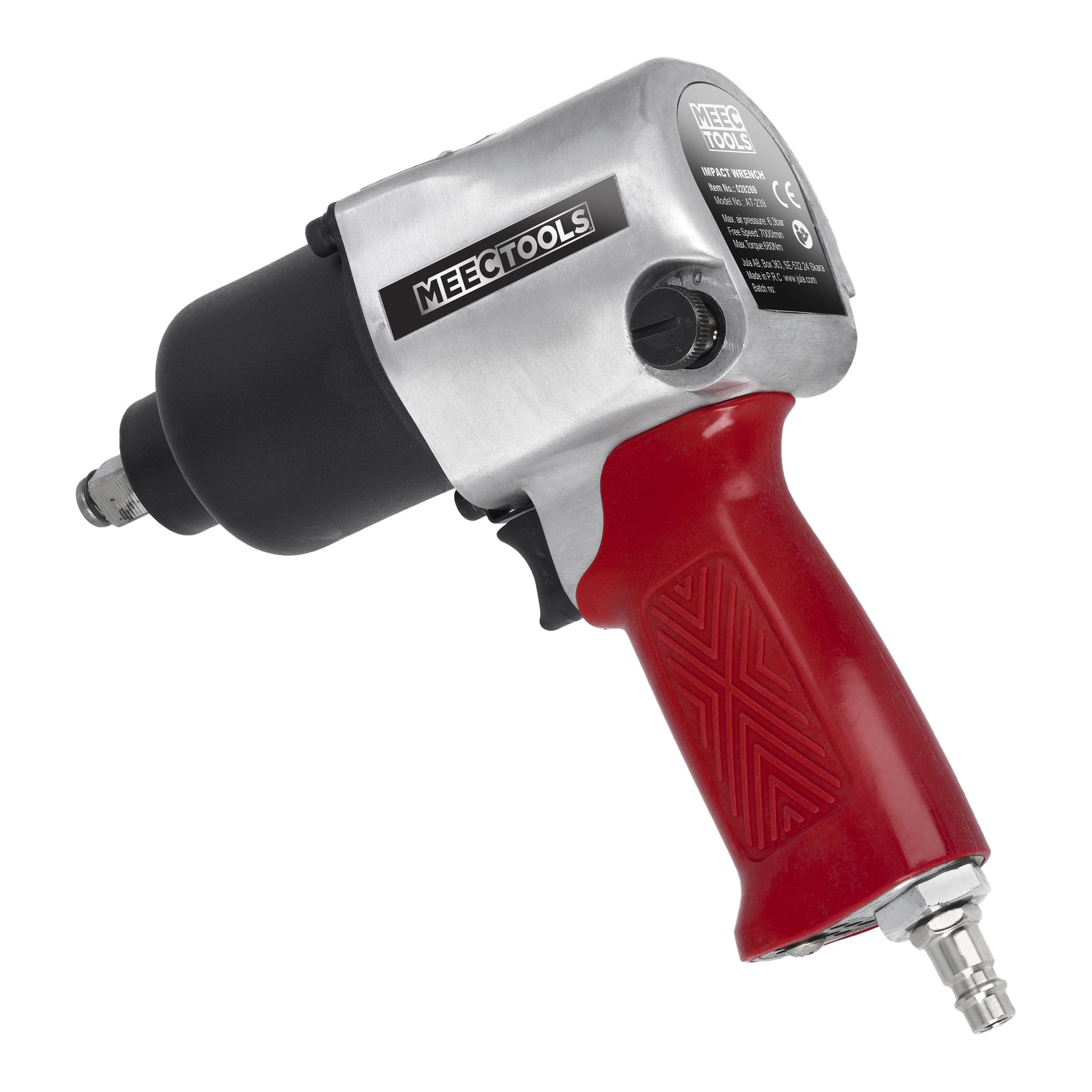 Ein pneumatischer Mutter-Läufer von Meec Tools aus einem 13-teiligen Set mit einem rot strukturierten Griff mit Markennamen, einem silbernen Metallkörper, schwarzer Spitze und einem Luftschlauchanschluss am Ende des Griffs.