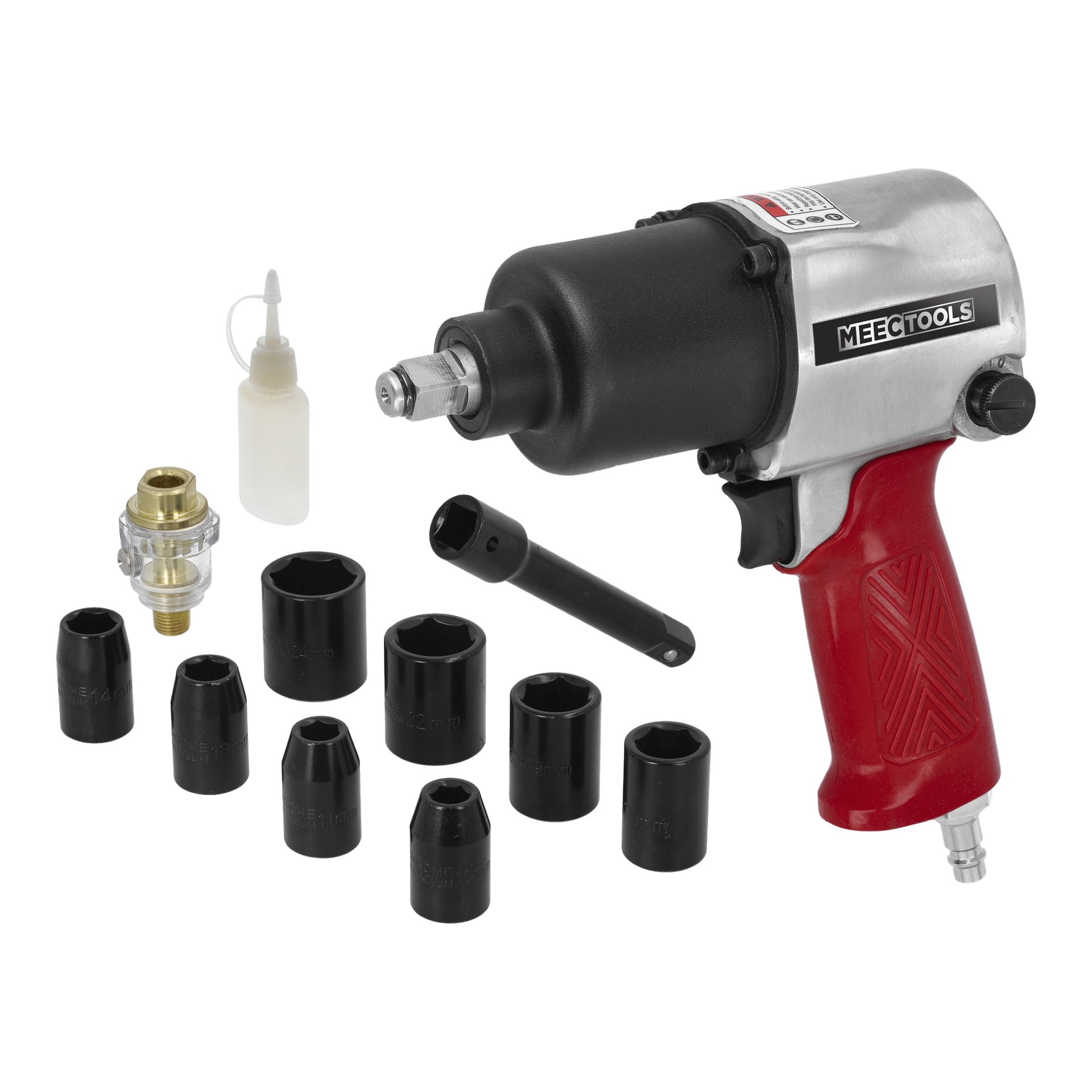 Das Meec Tools Pneumatic Nut Runner-Set besteht aus 13 Teilen: einem pneumatischen Werkzeug mit rotem Griff, mehreren schwarzen Steckdosen, einer schwarzen Verlängerungsstange, einer kleinen Ölflasche und einer Messing-Luftanschluss.