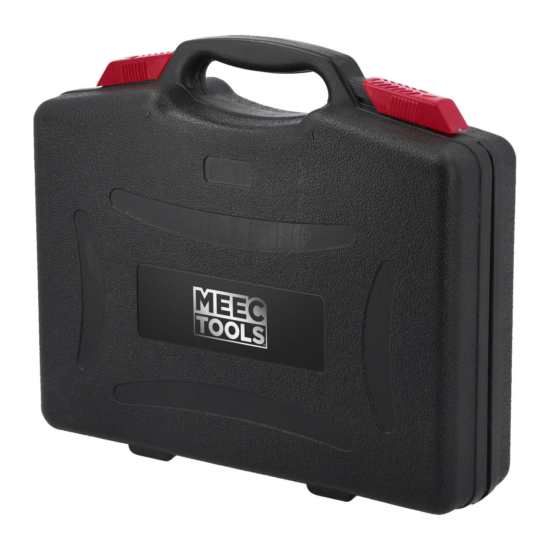 Ein stabiler schwarzer Kunststoff-Transportkoffer mit Griff, mit zwei roten Verschlüssen und dem Meec Tools-Logo auf der Vorderseite, hält ein 13-teiliges Pneumatic Nut Runner-Set von Meec Tools.