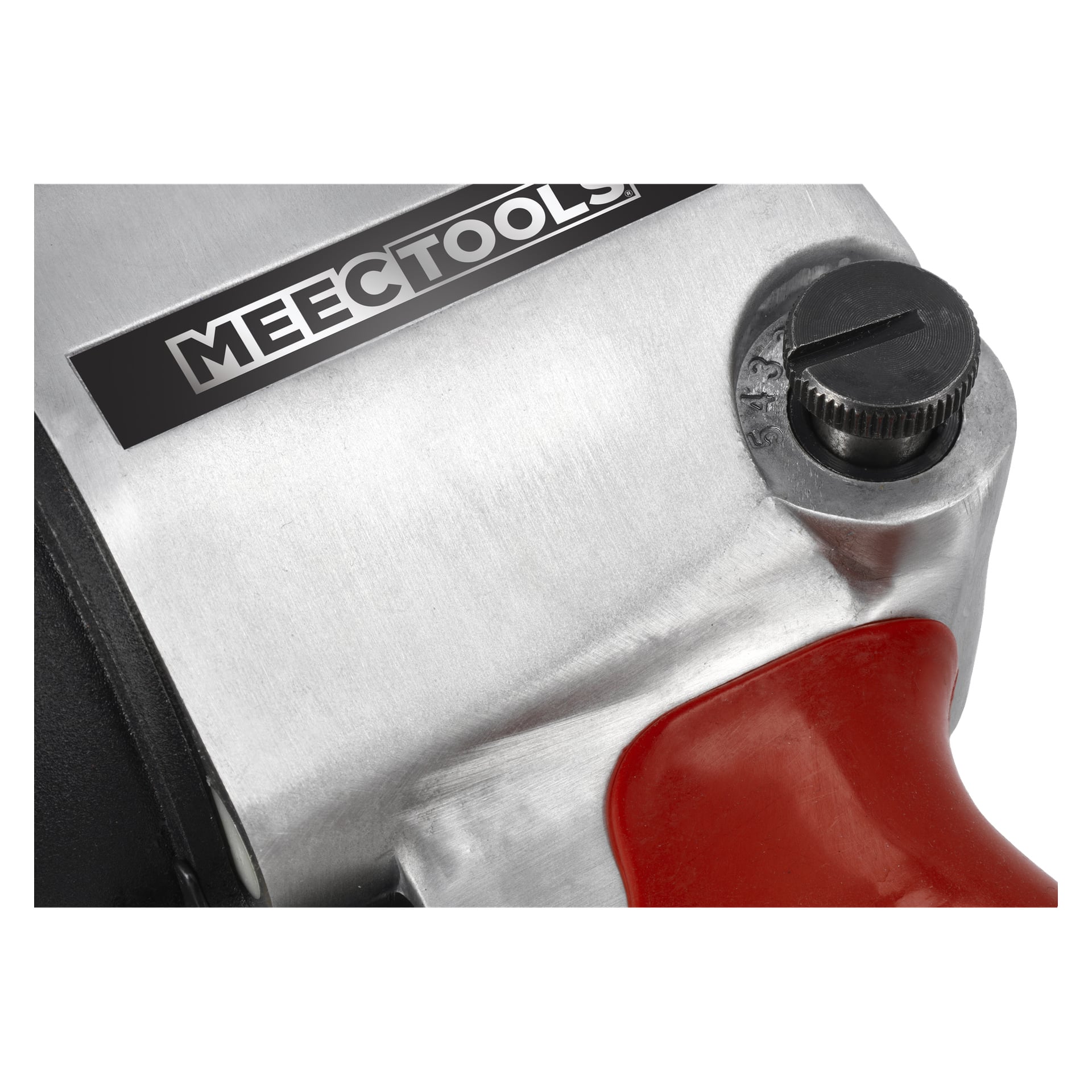 Detaillierte Nahaufnahme des 13-teiligen Meec Tools Pneumatic Nut Runner-Sets, das einen stabilen Metallkörper mit einem leuchtend roten Griff und einer schwarzen Schlitzschraube auf einer glänzenden silbernen Oberfläche zeigt.