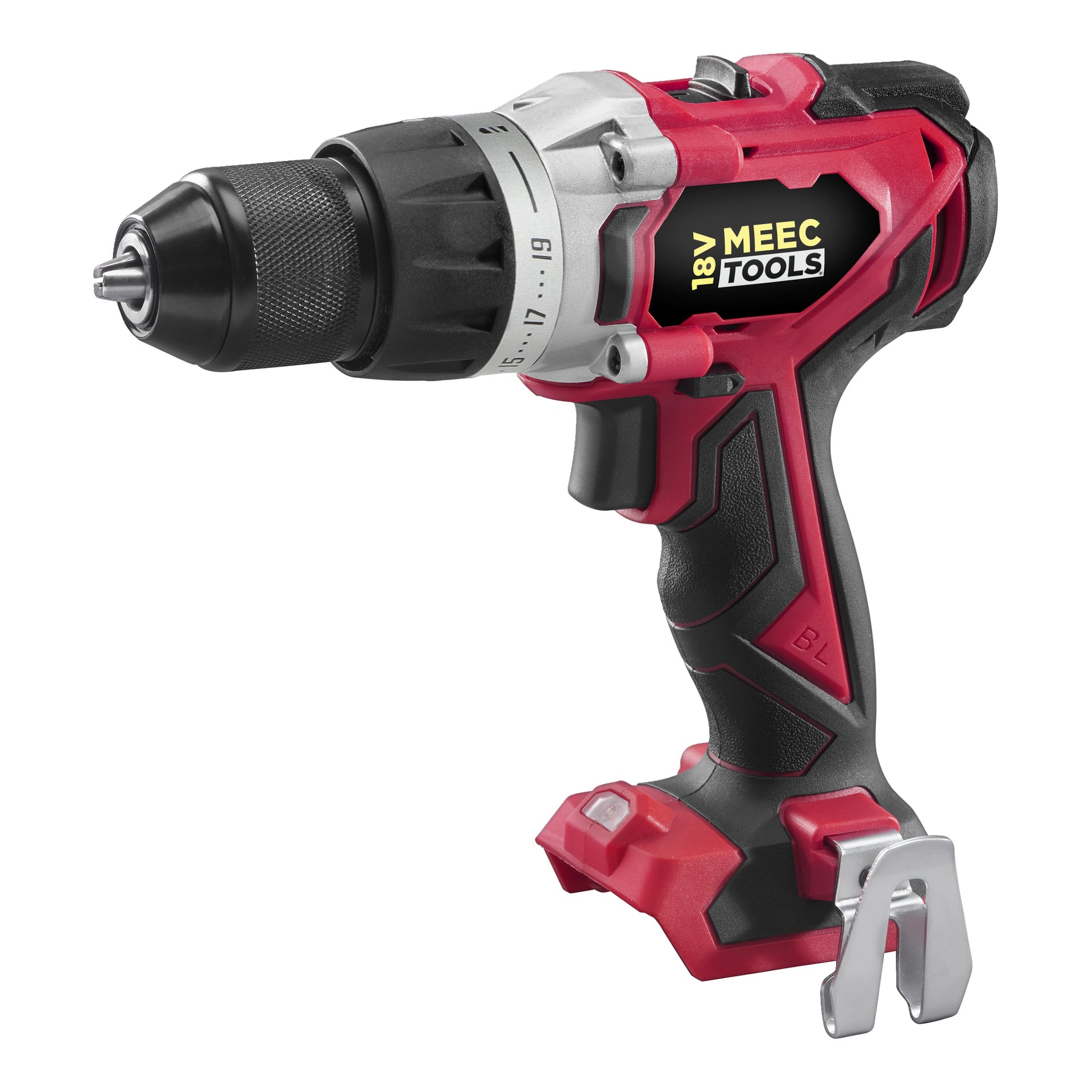 Ein rot-schwarzer bürstenloser Schraubendreher mit der Beschriftung "DD-18V WORK 700" von Meec Tools Multiseries, mit einem Metallchuck, einem silbernen Verstellring und einem Metallriemenhaken an der Basis. Der Akku ist nicht angeschlossen.