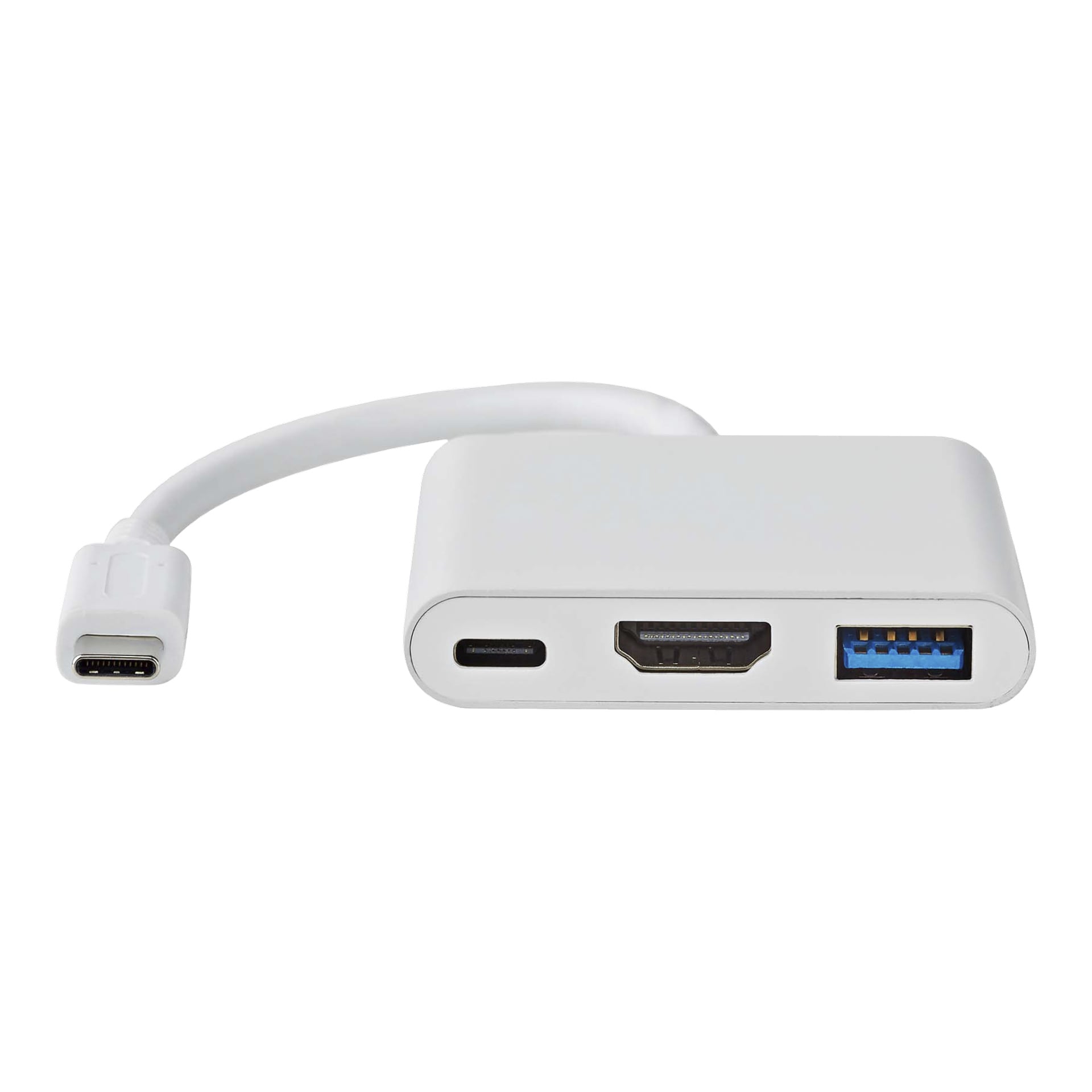Nedis USB C -moniporttisovitin on esitetty valkoisena USB-C-kaapelilla ja kolmella portilla: USB-C, HDMI ja USB-A.