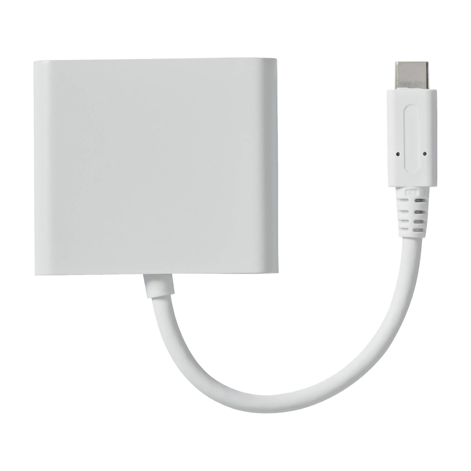 Nedis USB C -moniporttisovitin on valkoinen elektroninen laite, jossa on suorakaiteen muotoinen laatikko toisessa päässä ja lyhyt kaapeli, joka liitetään USB-C-porttiin.