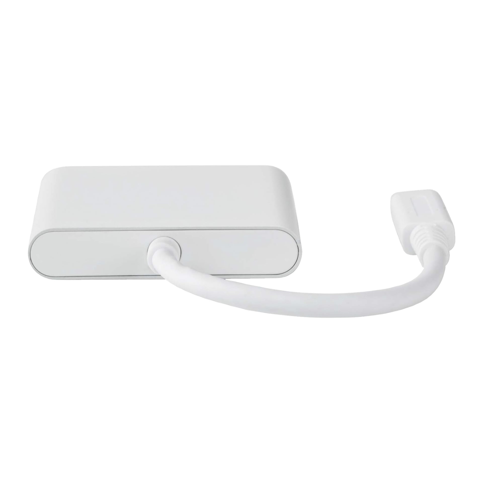 Nedis USB C -moniporttiadapteri on suorakaiteen muotoinen valkoinen muovilaite, jossa on lyhyt, joustava kaapeli ja pieni pistoke.