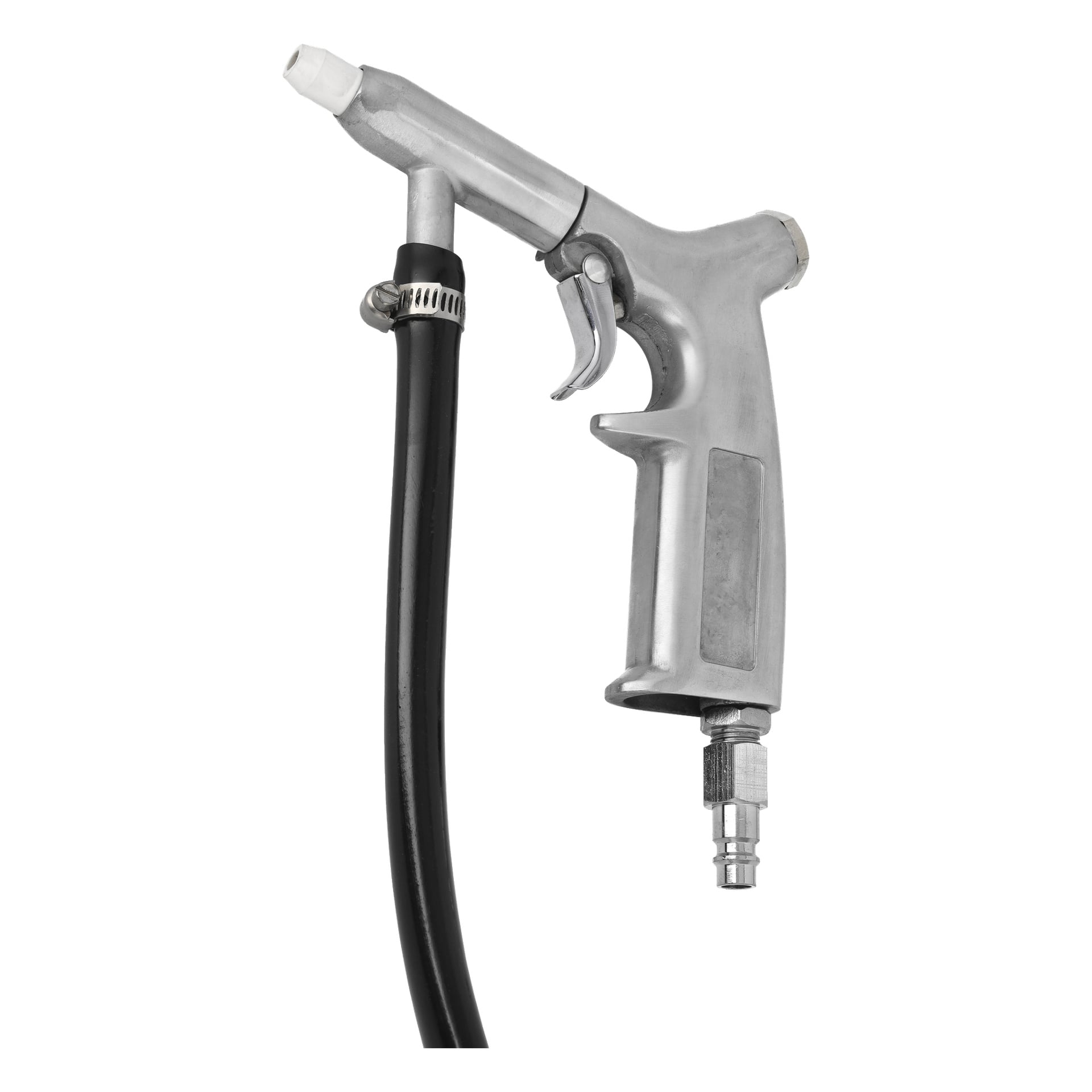 Ein pneumatischer Sandstrahler von Meec Tools mit Metallkörper, Abzug und schräg gerichteter Düse ist mit einem schwarzen Schlauch verbunden, der mit einer Klemme gesichert ist.
