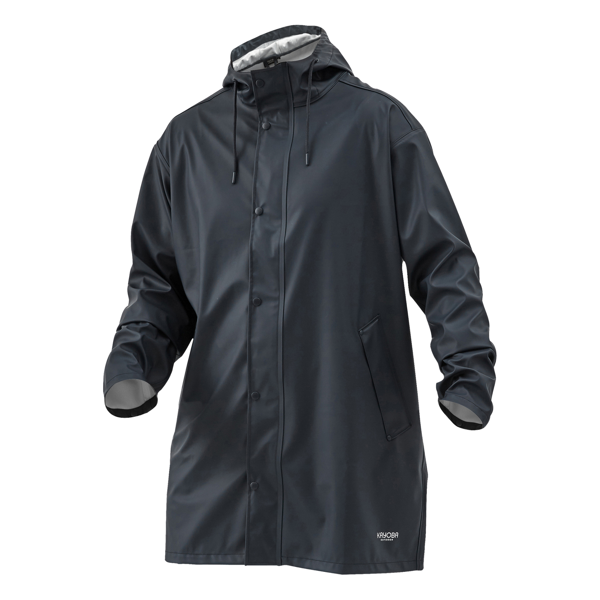 Der Kayoba Outdoor Raincoat ist eine dunkelblaue Kapuzenjacke mit vorderen Druckknöpfen, zwei Seitentaschen und Kordeln an der Kapuze.