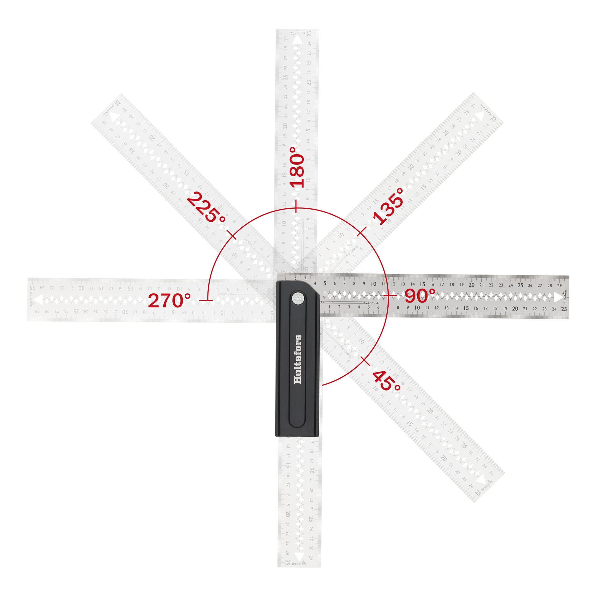 Huttafors Set square Quattro 270 to metalowy kątomierz z czarnym zawiasem, o kątach 45°, 90°, 135°, 180°, 225° i 270° w kolorze czerwonym, z linijkami wystającymi na zewnątrz od zawiasu pod każdym kątem.