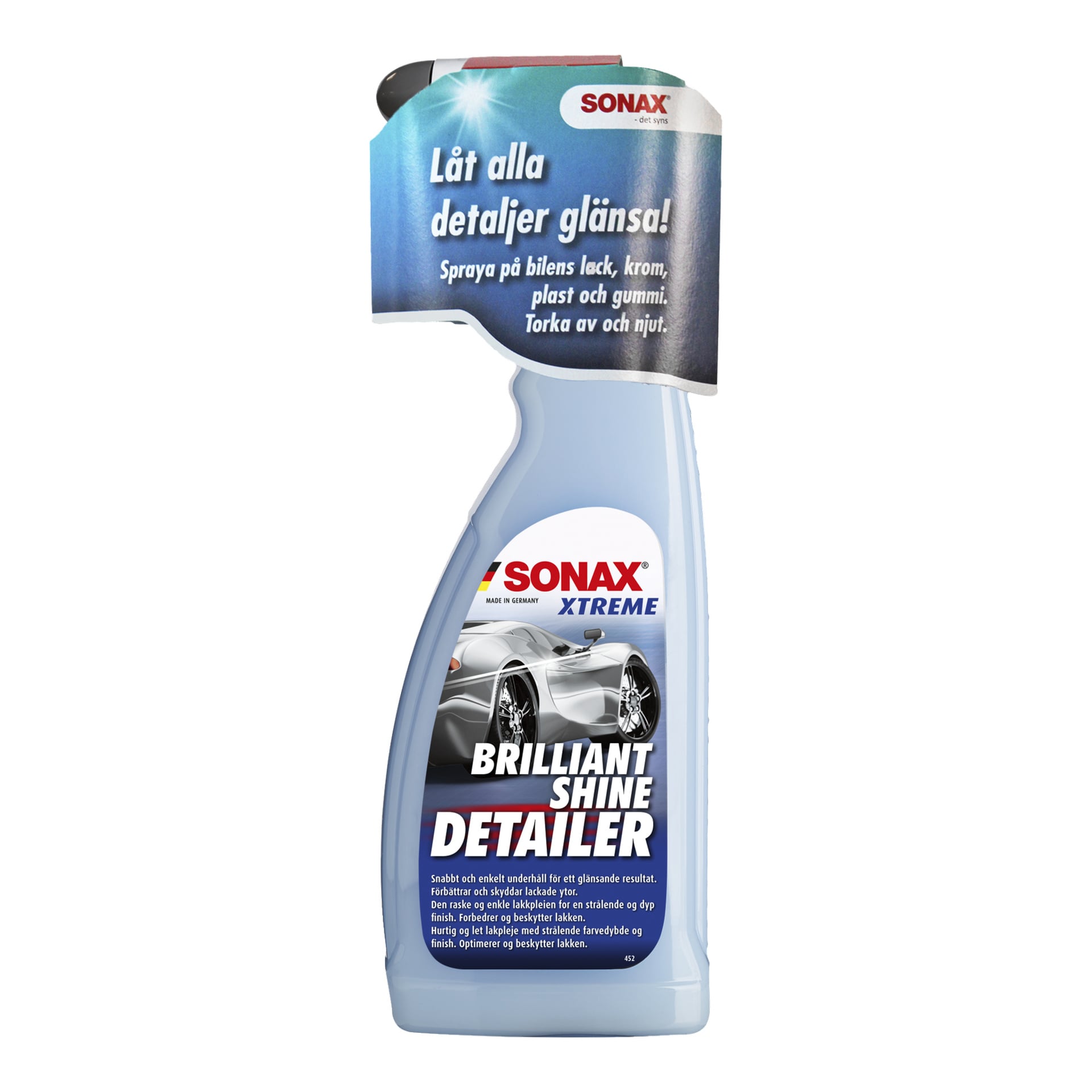 En ljusblå sprayflaska med Sonax Quick Sheen XTREME Brilliant Shine Detailer. Etiketten lyfter fram dess användning på billack, krom, plast och gummi, och inkluderar en bild av en silverfärgad sportbil.