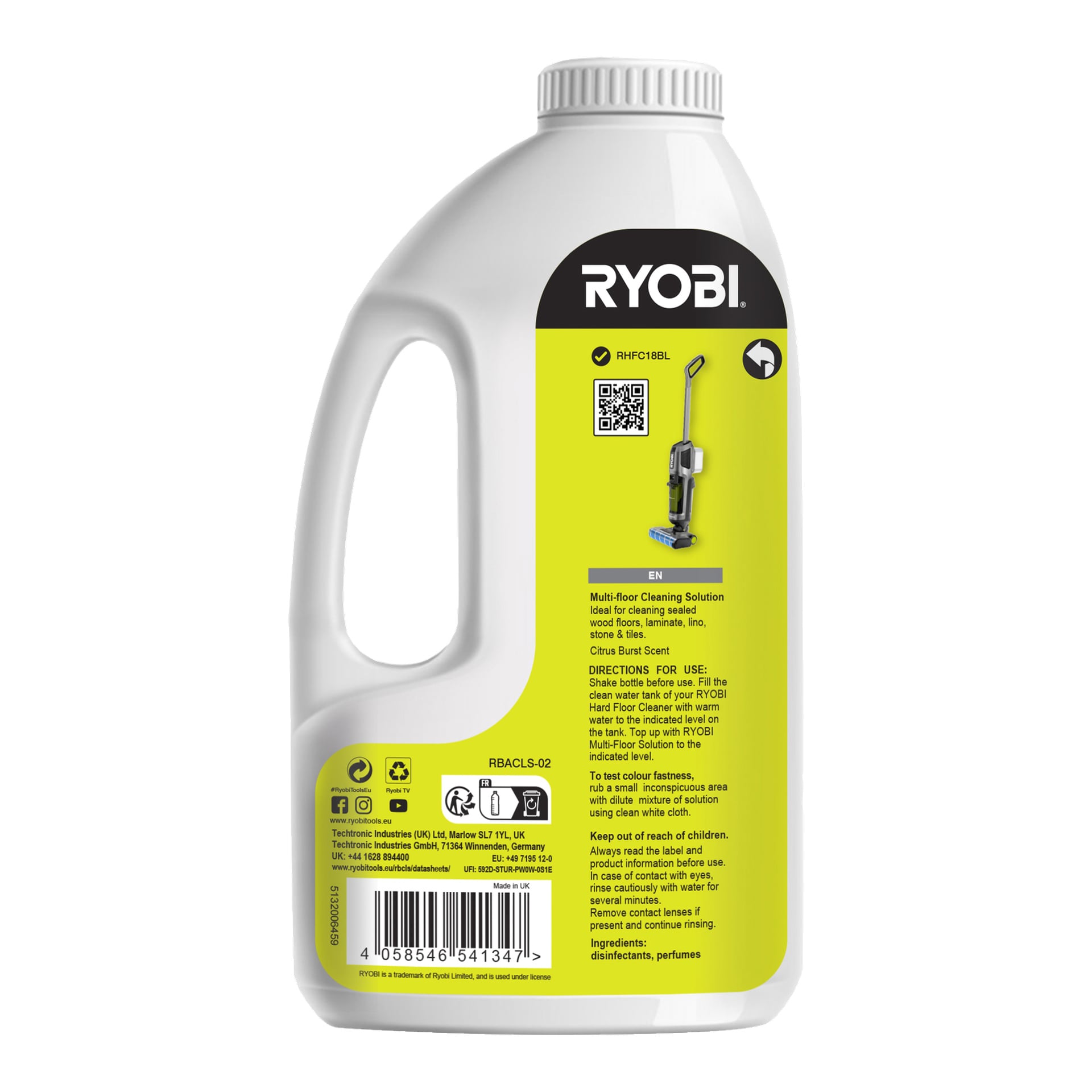 En Ryobi One+ golvrengöringslösningsflaska för stickdammsugare (RBACLS-02), med en gul etikett som innehåller bruksanvisning, säkerhetsinformation, en QR-kod, streckkoder och en grafik av en golvrengöringsmaskin.