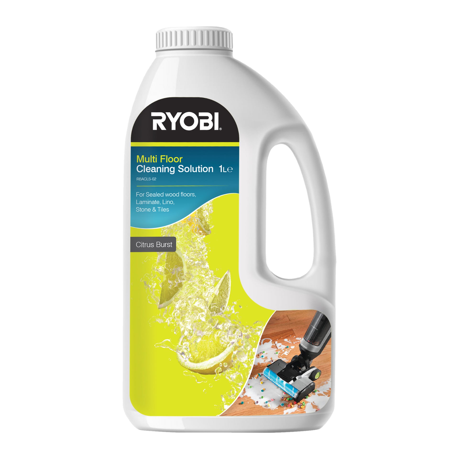 En 1-liters flaska Ryobi One+ Floor Cleaner för dammsugare (modell RBACLS-02), Citrus Burst-doft. Etiketten visar en skvätt citrus och en bild av ett vakuumhuvud på olika typer av golv, vilket indikerar att det är designat för tätat trä, laminat, linoleum, sten och kakelytor.