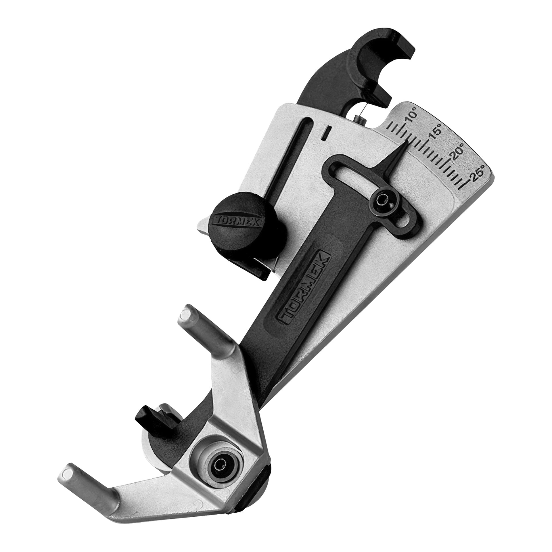 Tormek Angle Setter for Knives KS-123 är en slipjigg av metall och plast, utrustad med vinkelmarkeringar, en justeringsratt och dubbla stödarmar. Den är byggd för att hjälpa till att uppnå och behålla exakta slipvinklar på olika blad eller verktyg.