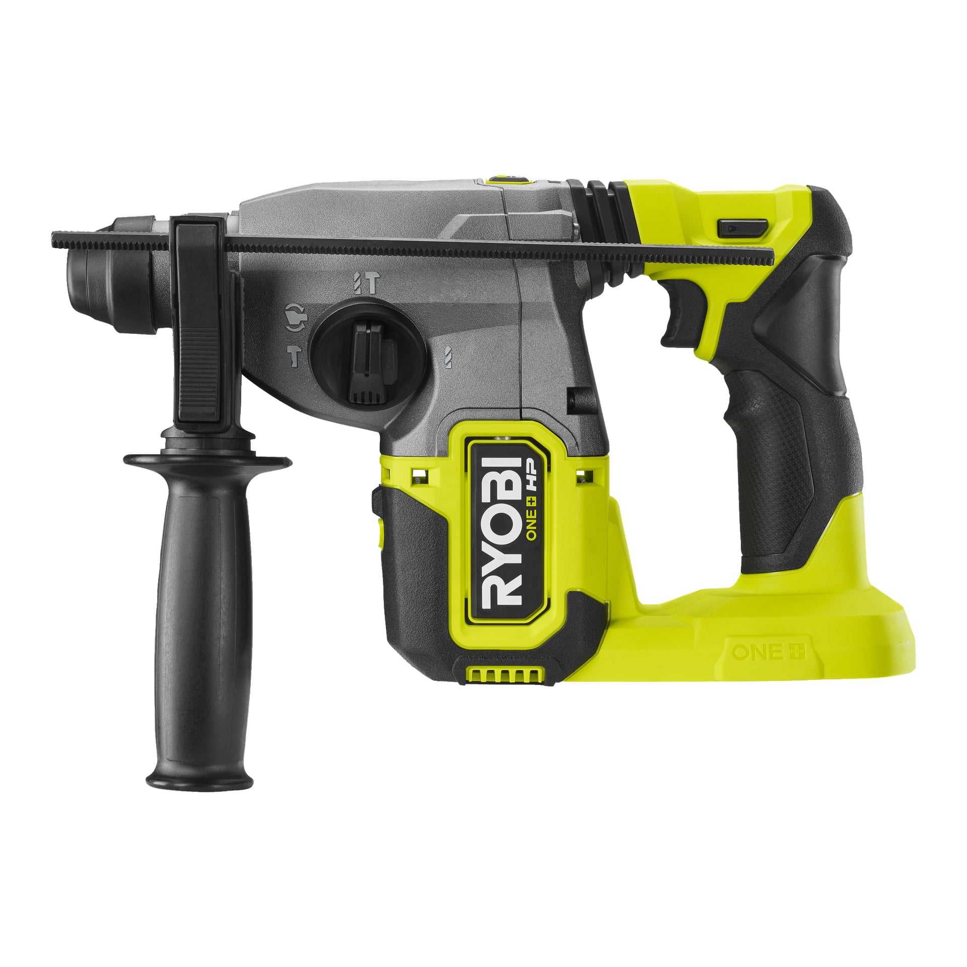 Ryobi One+ HP RSDS18X-0 batteridriven hammarborr med svart sidohandtag, silver- och gul kropp, svart grepp och framträdande Ryobi-märkning visad.