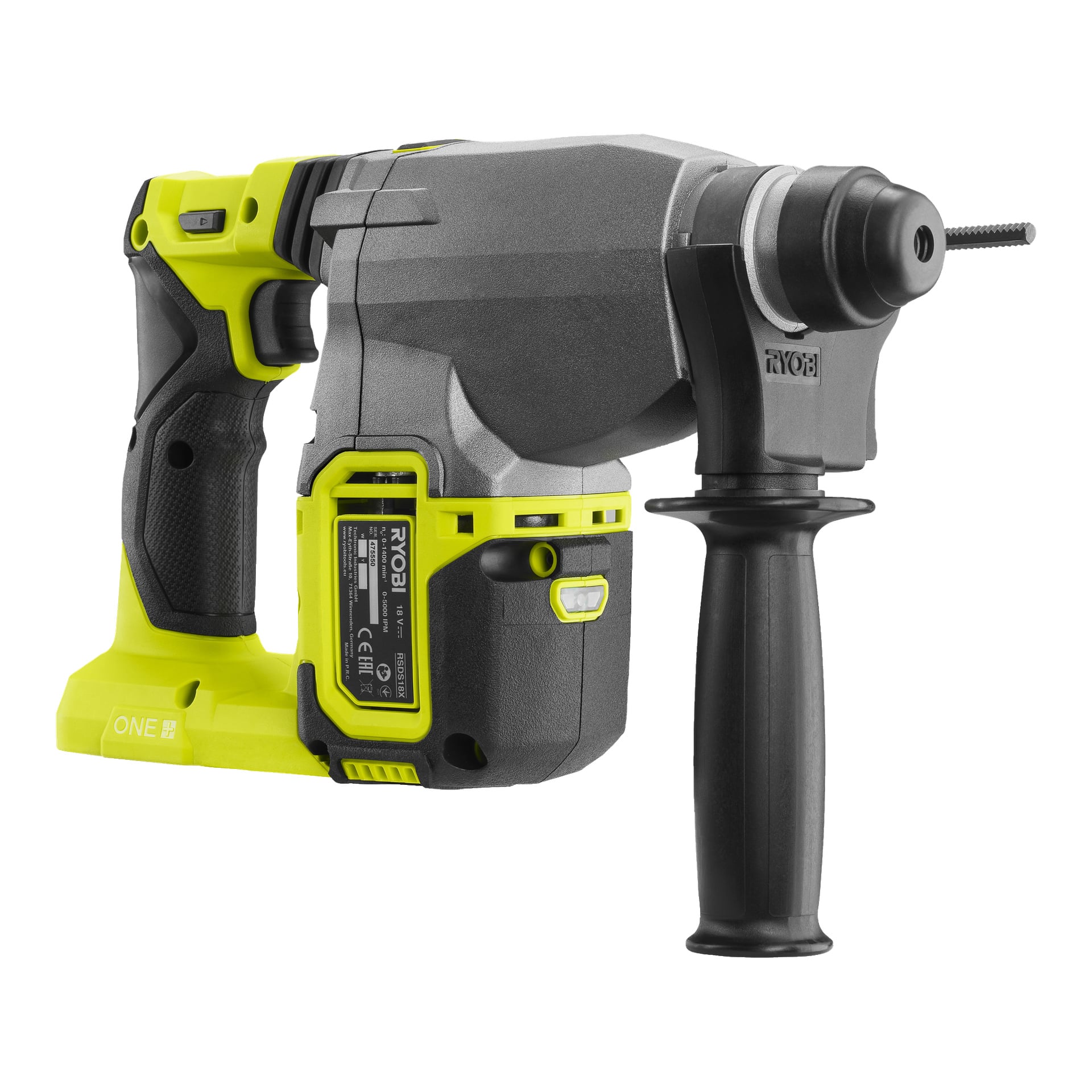 En Ryobi One+ HP RSDS18X-0 batteridriven hammarborr med sidohandtag, med svarta och gröna detaljer och ett fastsatt batteripaket, har en borr insatt i chucken.