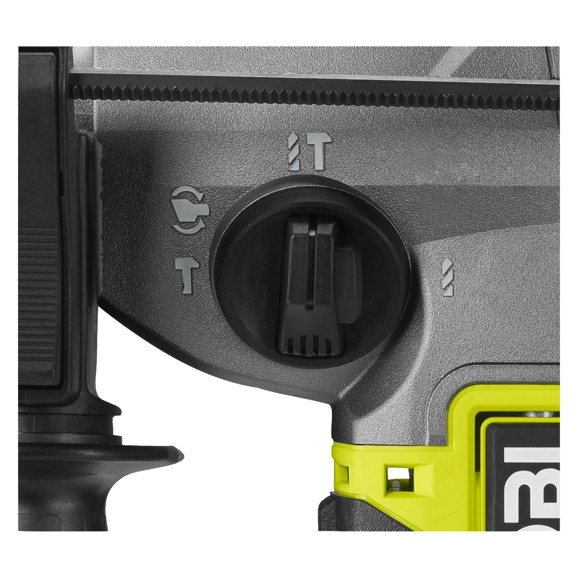 En detaljerad vy av Ryobi One+ HP RSDS18X-0 hammarborrens lägesvalsratt, som visar tre inställningar med borr- och hammarikoner. Den svarta, texturerade urtavlan är innesluten i grått och gult hölje.