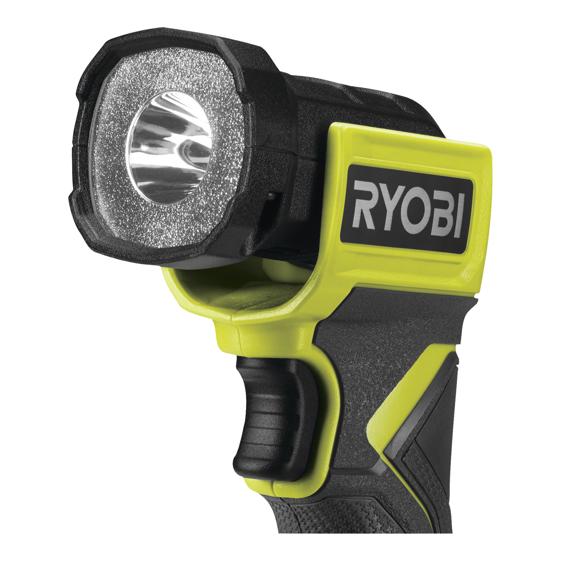 Nærbilde av en Ryobi One+ Torch RLF18-0 lommelykt i svart og gult, som viser detaljer av linsen, teksturert grep og Ryobi-logoen langs siden.