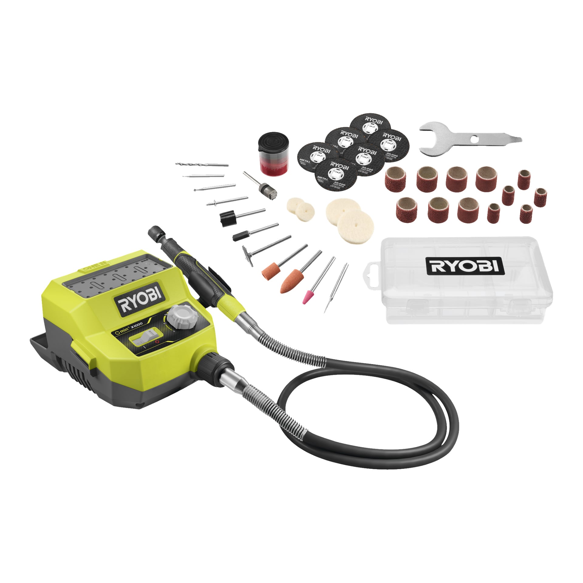 Ryobi One+ Multitool RRTS18-0A35 visas med en grön styrenhet, flexibel axel, ett urval av roterande verktygsbits, sliptrummor, poleringshjul, skärskivor, skiftnyckel och ett genomskinligt plastfodral av Ryobi – allt prydligt arrangerat.