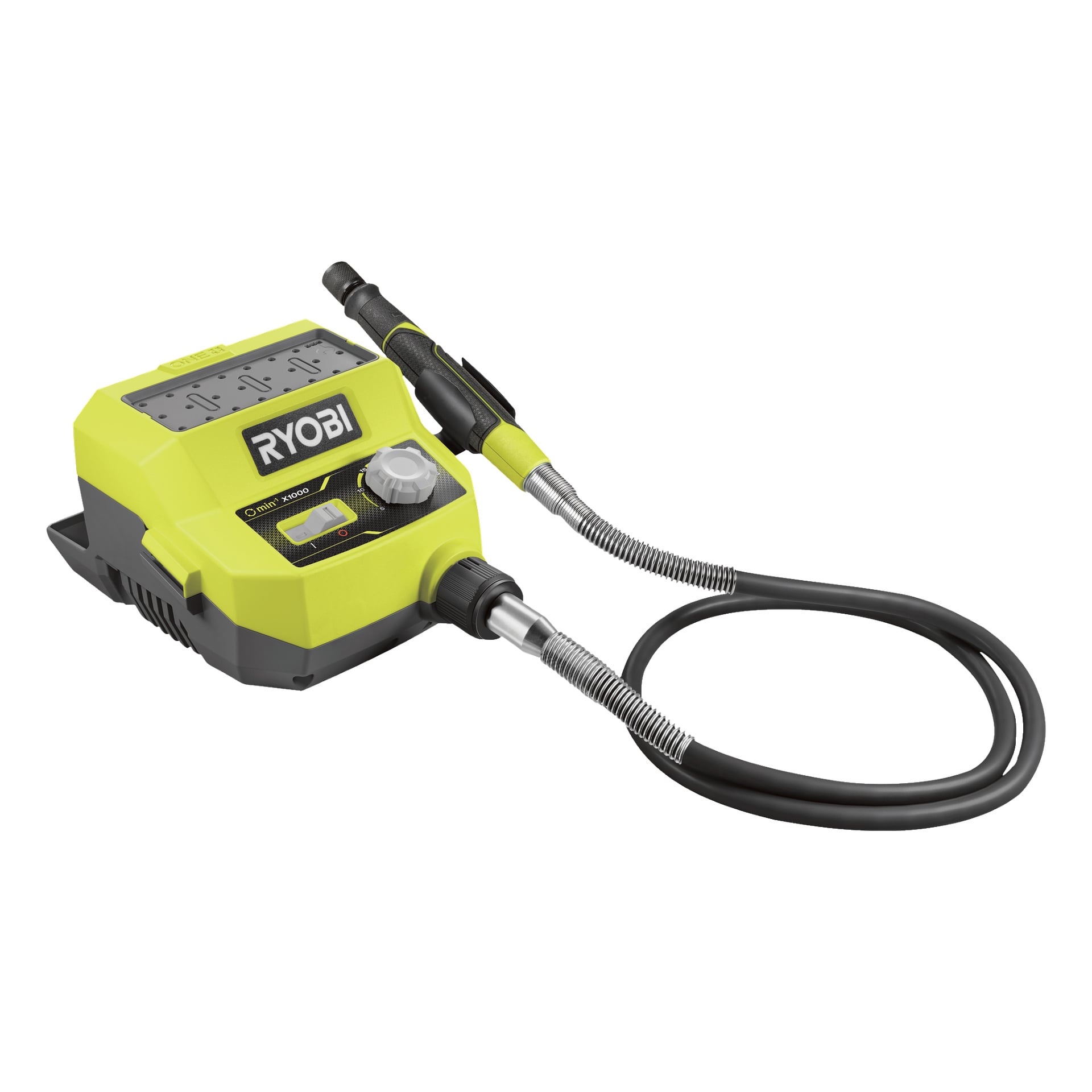 En gul och svart Ryobi One+ Multitool RRTS18-0A35 elektrisk inflator med digital skärm, kontrollratt och en fäst flexibel slang, avsedd för att pumpa däck och andra uppblåsbara delar.