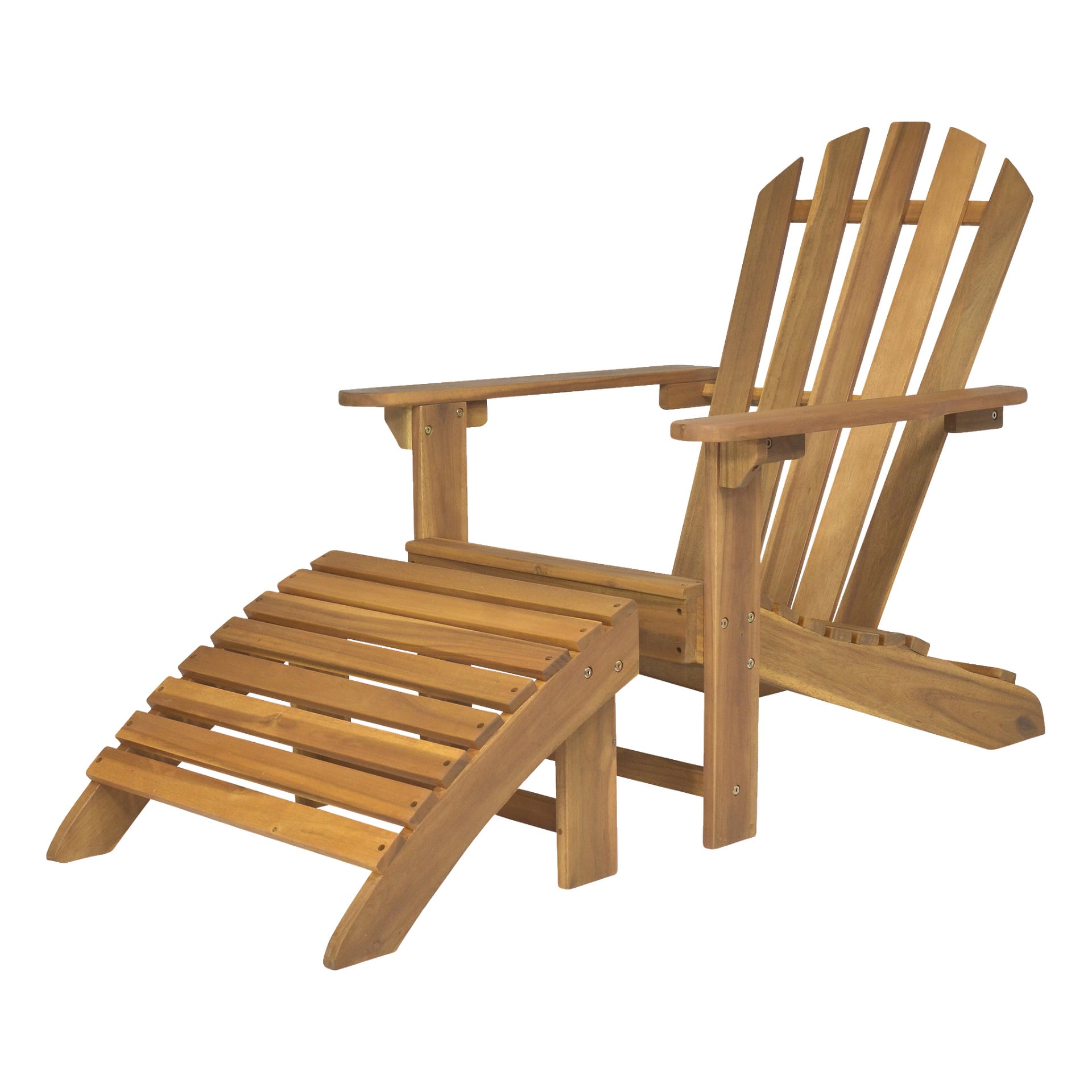 EKVIP Deck Chair kommer med en fotpall och har en enkel, robust design. Den inkluderar breda armstöd och ett matchande lamellfotstöd, båda gjorda av ljusbrunt trä.