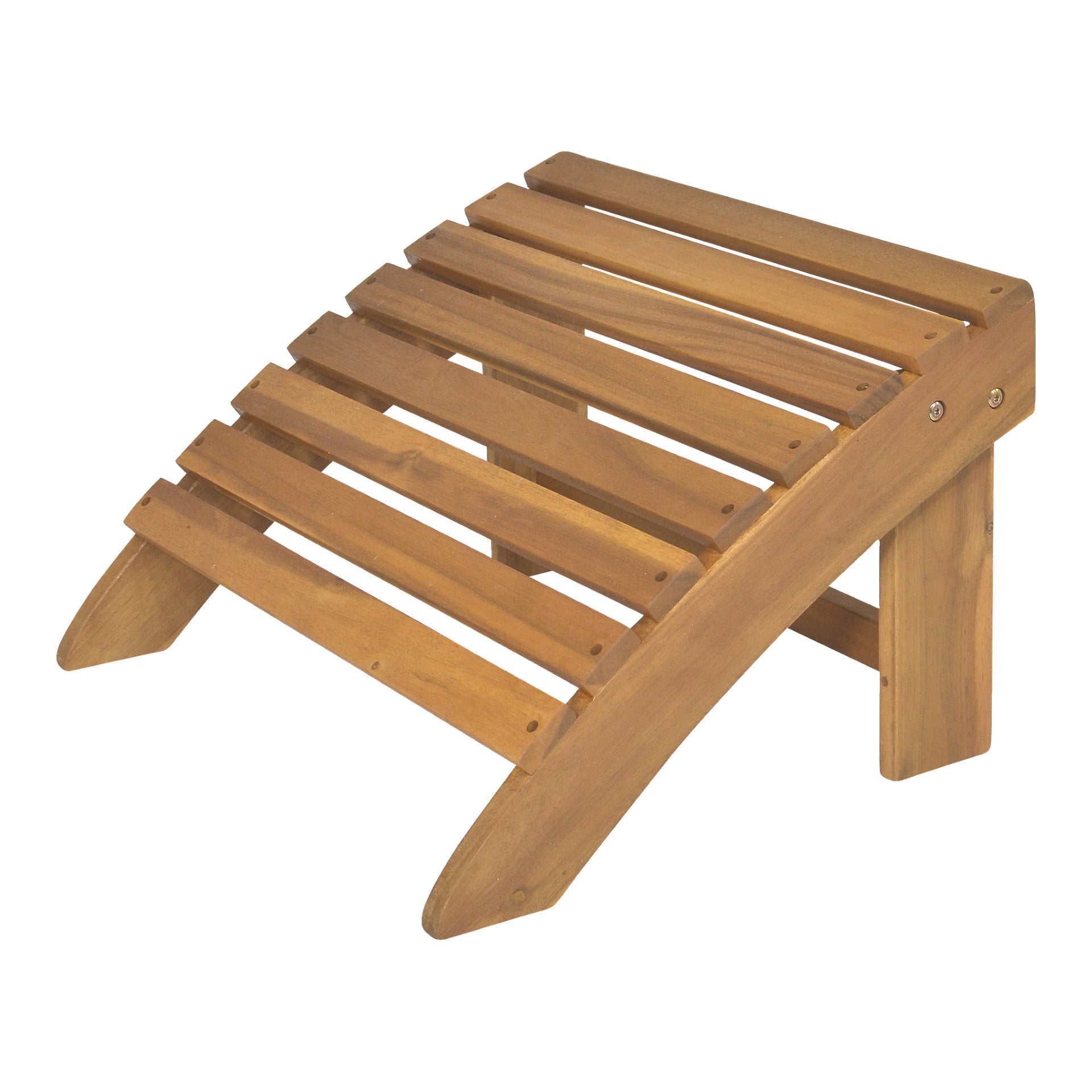 EKVIP Deck Chair set inkluderar en fotpall av ljusbrunt trä, med horisontella ribbor och lätt vinklade ben. Denna träfotpall är avsedd för användning på uteplatser eller utomhus.