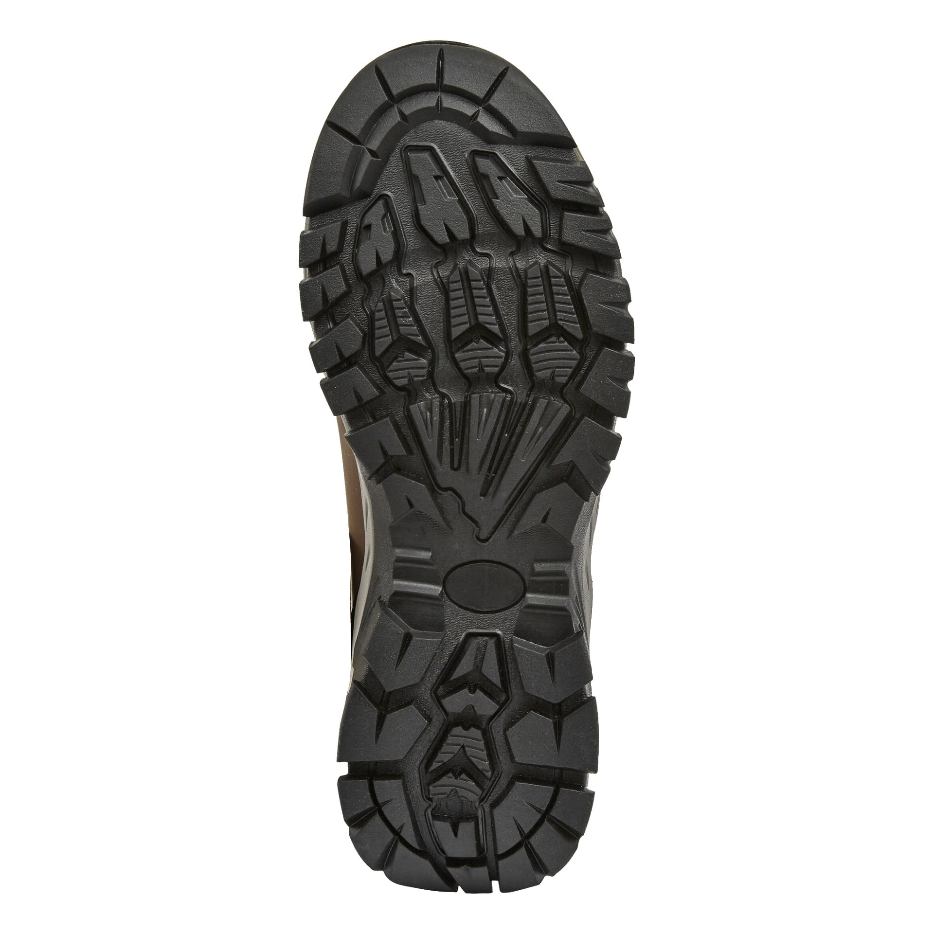 Detaljerad närbild av den svarta gummisulan på en vandringskänga från Kayoba Outdoor Men's, som visar det aggressiva mönster designat för överlägset grepp och långvarigt slitage. Bilden är tagen direkt under stöveln och ger en fullständig vy av sulan.