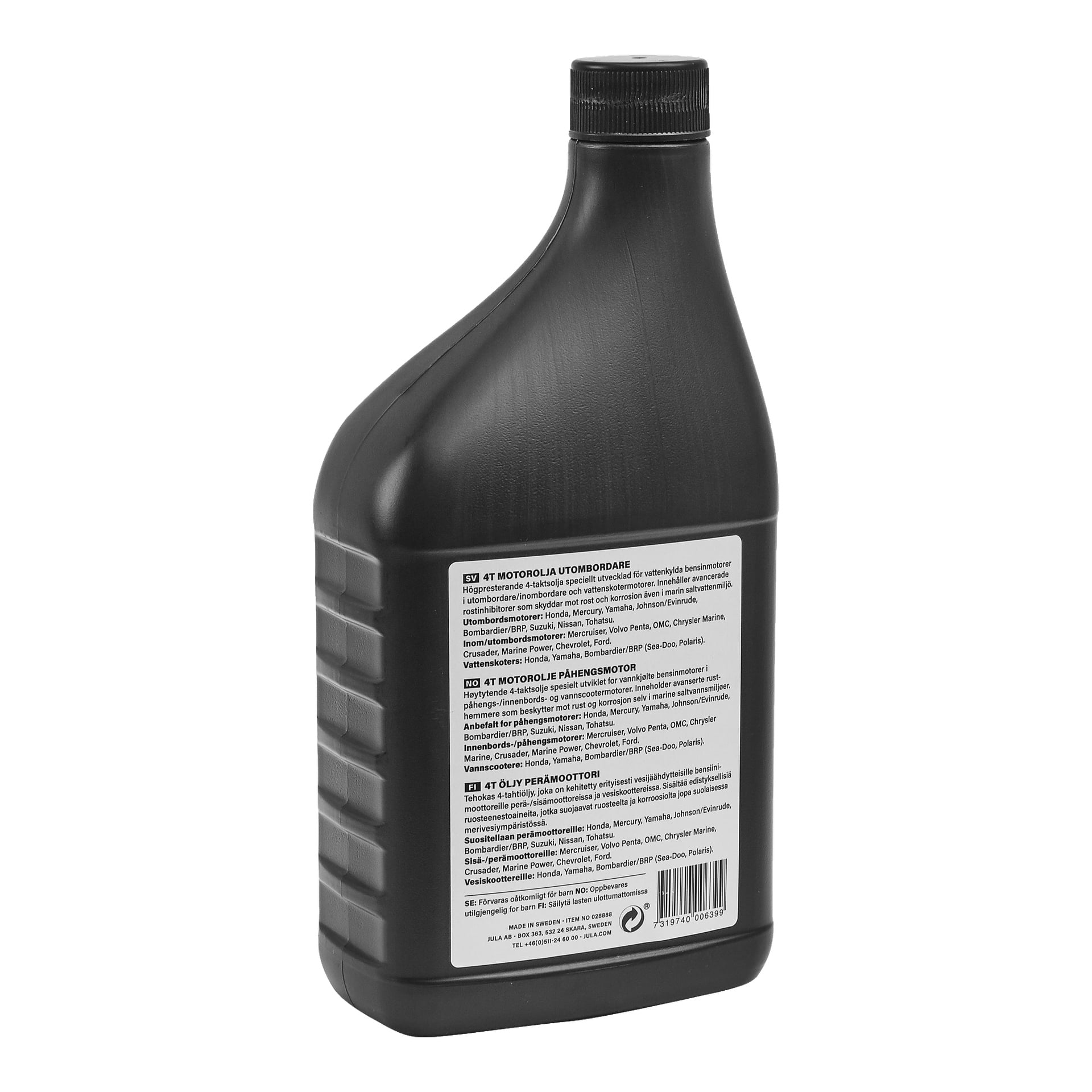 En svart plastflaska av Hamron 4-takts olja för utombordare med räfflad sida och skruvlock. Etiketten ger instruktioner och detaljer om oljans lämplighet för både utombords- och invändiga motorer.