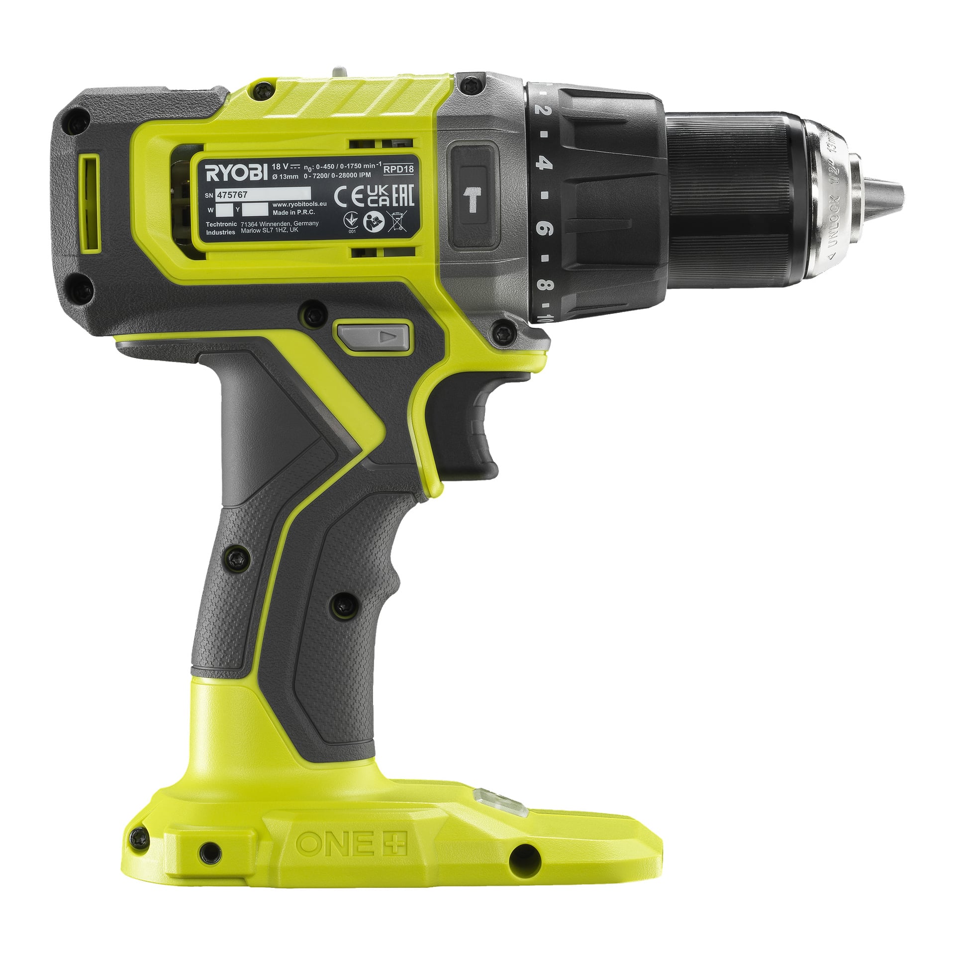 En grön och svart Ryobi One+ Impact borrmaskin RPD18-0 visades från sidan, med en sifferratt vid chucken och en framträdande Ryobi One+-logga på sidan. Borren visas utan ett anslutet batteri.
