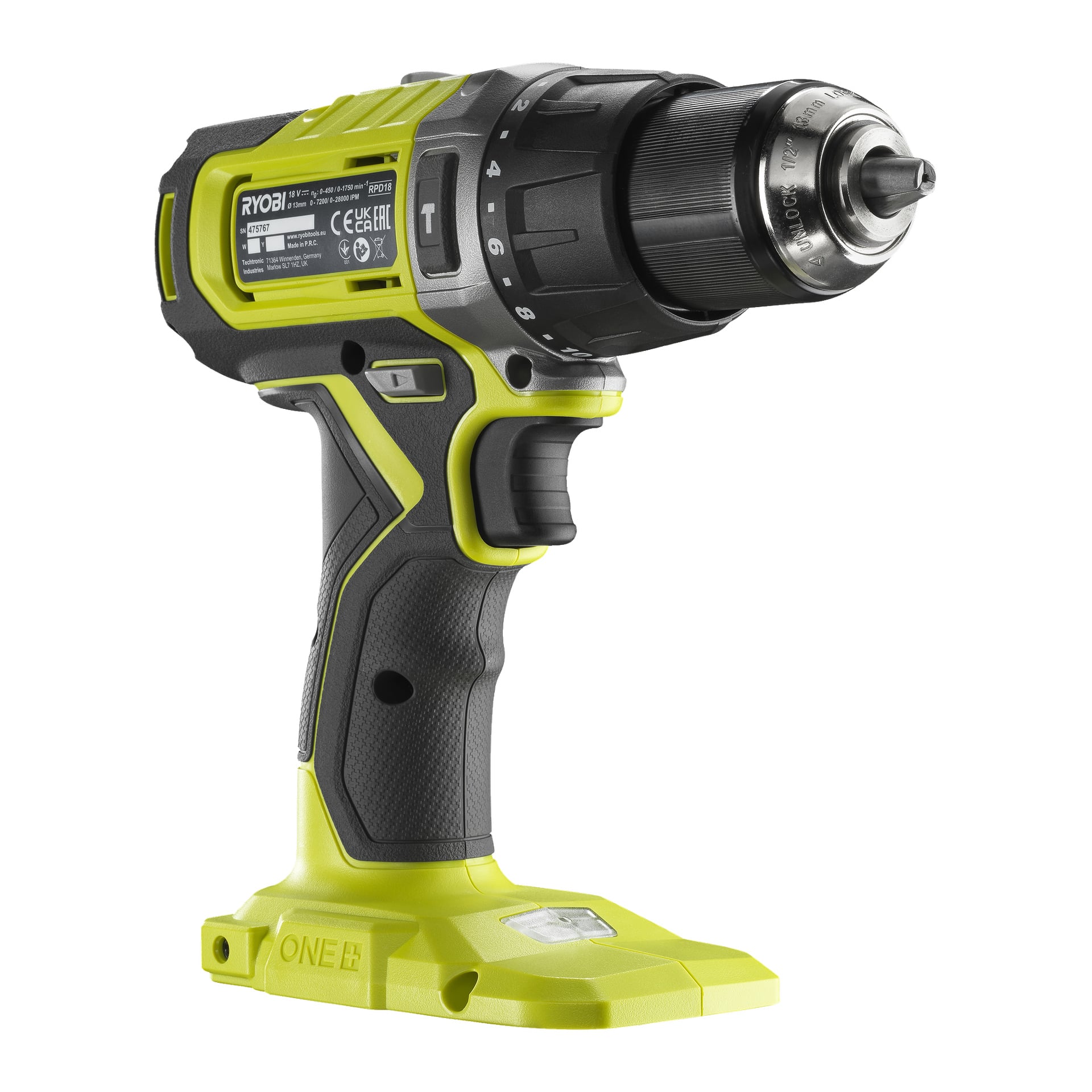 Ryobi One+ Impact borrmaskin RPD18-0 med limegrön kropp, svart grepp och nyckellös chuck. Basen rymmer ett avtagbart batteri, och borren visas stå i en lätt lutning.