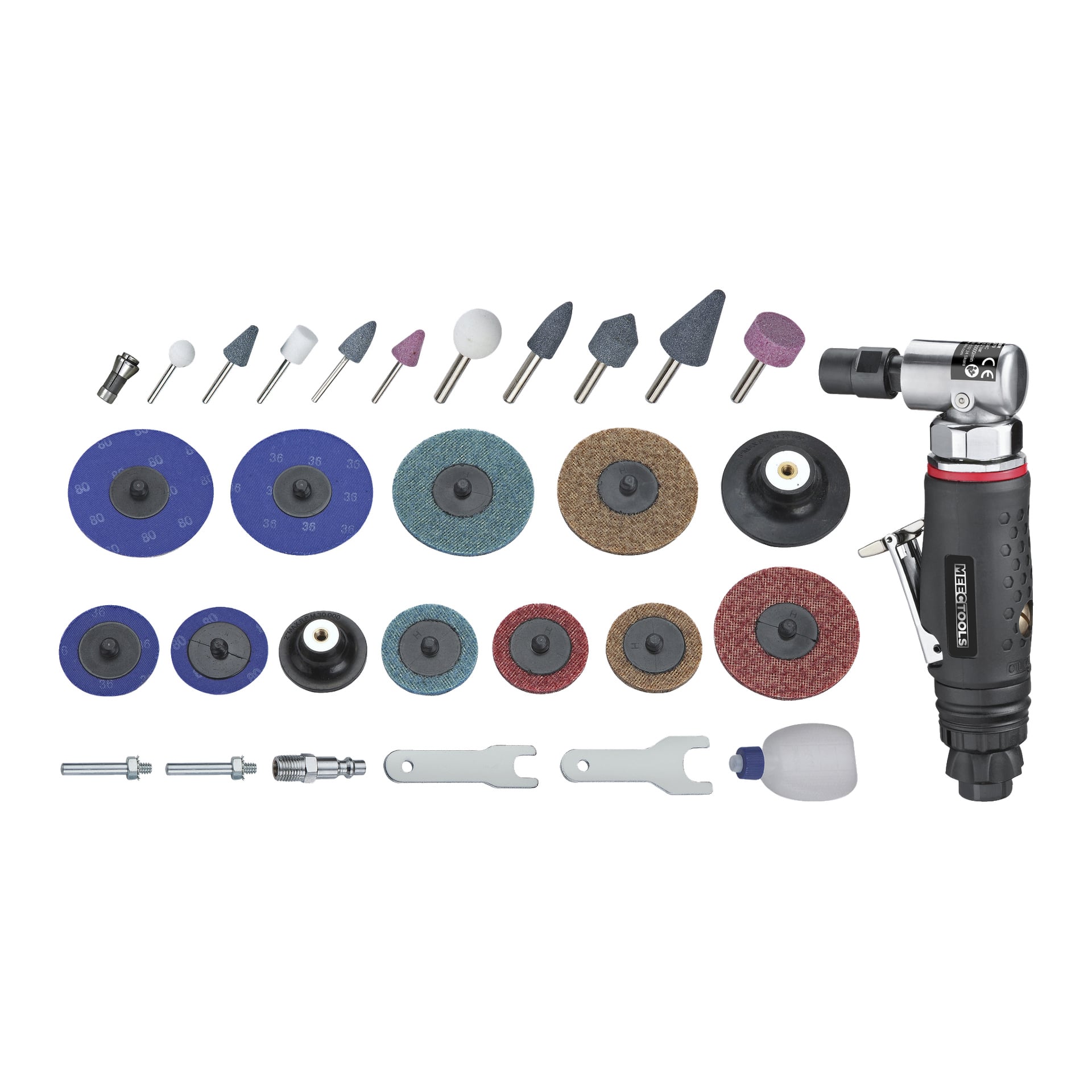 Ein 28-teiliges Pneumatic Angle Grinder-Set von Meec Tools, inklusive Schleifsteine, Schleifscheiben, Unterlagen, Schraubenschlüsseln, Adaptern, einer kleinen Flasche und dem pneumatischen Winkelschleifer selbst – alle Komponenten geordnet angeordnet.