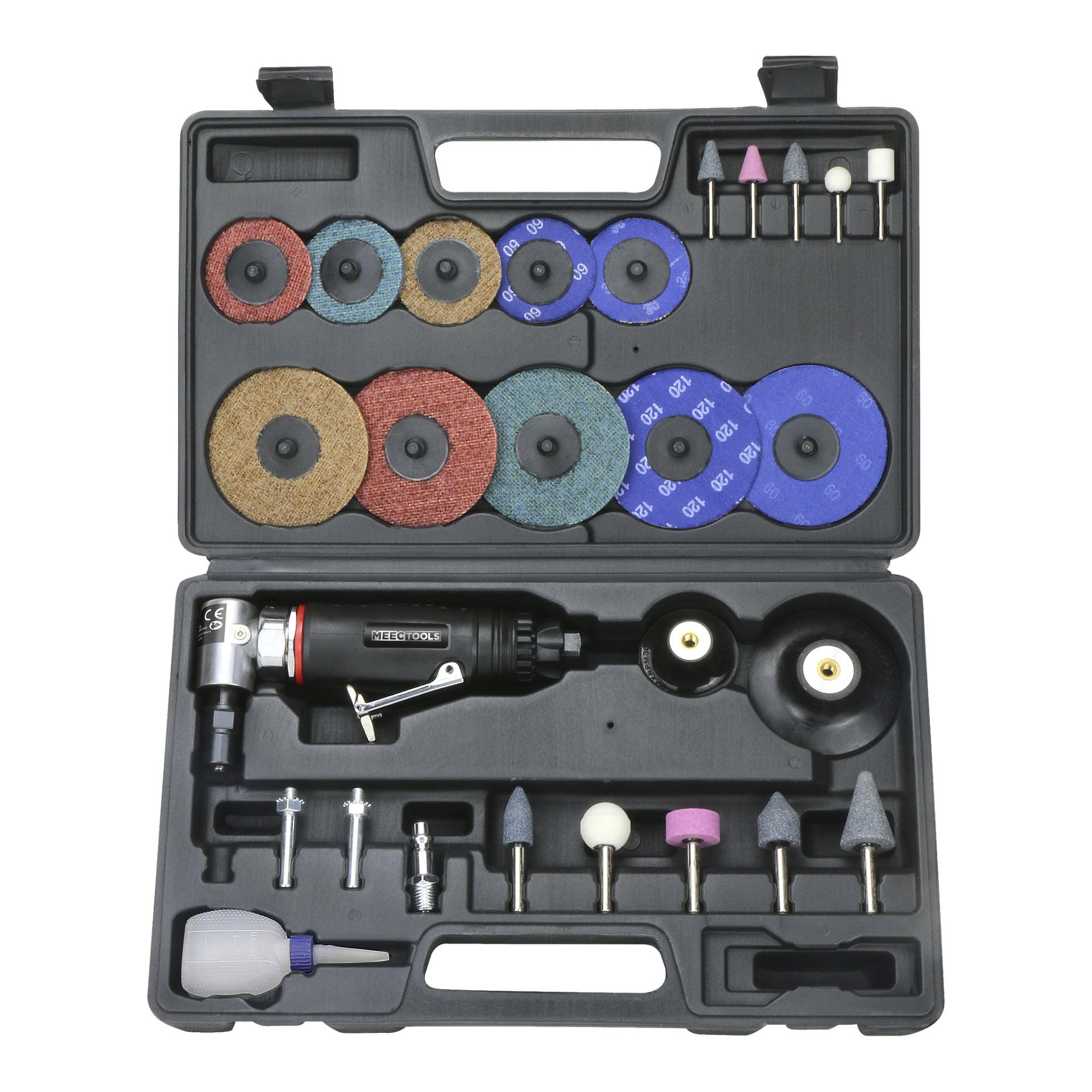Ein 28-teiliges Meec Tools Pneumatic Winkelschleifset wird in einem schwarzen Kunststoffgehäuse ausgestellt, mit einem Drehwerkzeug, Schleif- und Polierscheiben, verschiedenen Bohrern, zwei Rücklagen, einem Schraubenschlüssel, einer Ölflasche und zusätzlichem Zubehör, das in individuellen Fächern angeordnet ist.