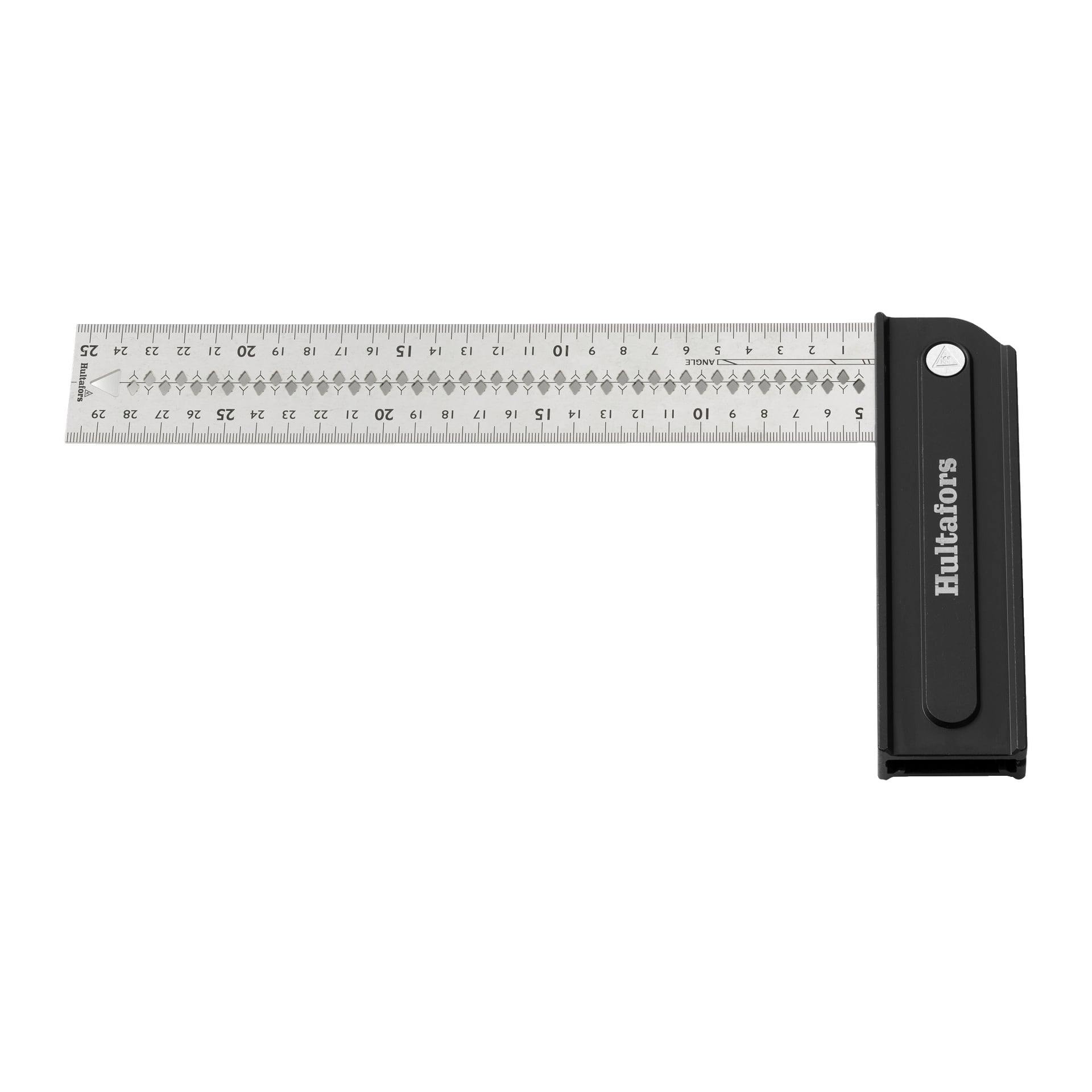 Set square Quattro 270 firmy Hultafors to metalowy kwadrat try-square ze srebrną linijką połączoną z czarną rączką, na której widnieje nazwa marki "Hultafors", przeznaczona do precyzyjnego pomiaru i oznaczania kątów prostych w stolarstwie lub budownictwie.