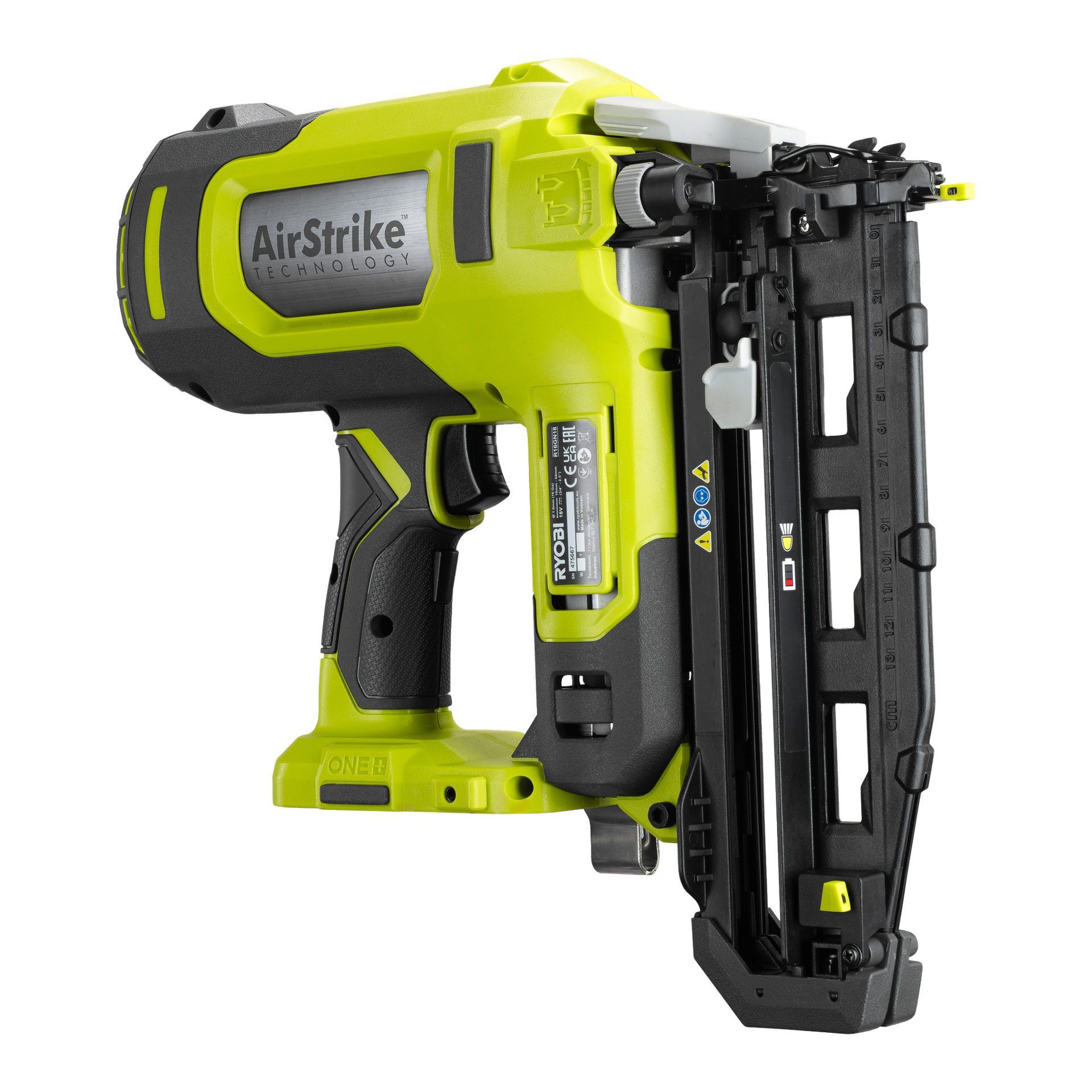 Ein Ryobi One+ R16GN18-0 grün-schwarzer batteriebetriebener Brad-Nagelnagel ist im Profil abgebildet und zeigt Griff, Abzug, Magazin und sichtbares Branding.