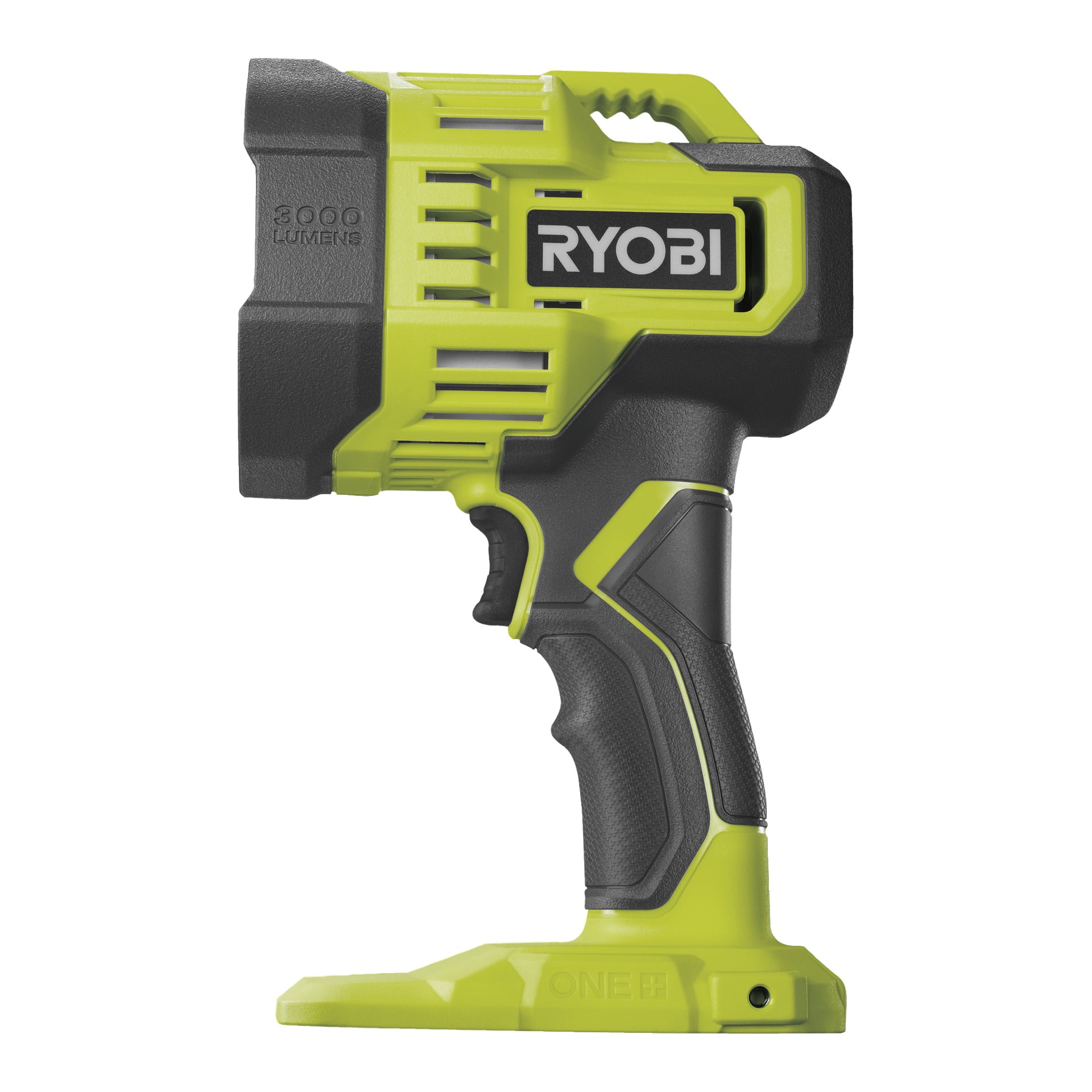 En grön och svart Ryobi One+ Portable LED-strålkastare RLS18-0 med pistolgrepp syns från sidan. Enheten saknar sitt batteri och visar markeringarna "3000 lumens" och "ONE+".