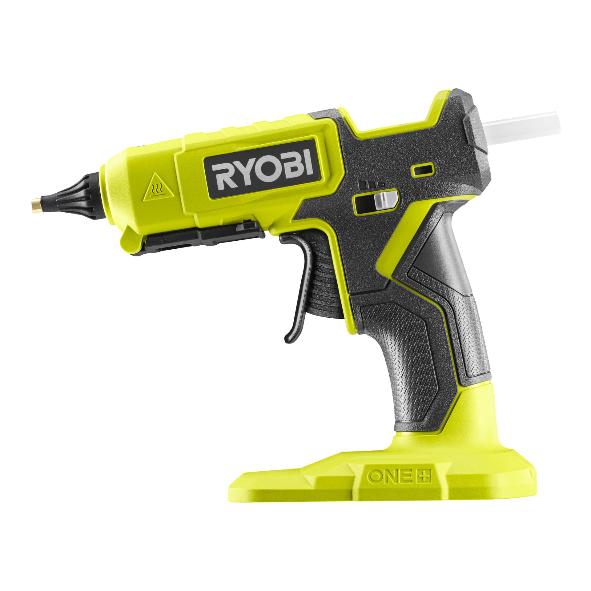 Ryobi One+ batteridriven limpistol RGL18-0 har en grön och svart design med avtryckarliknande handtag och en limstift insatt bak. Verktyget är placerat upprätt, stödd av batteribasen.