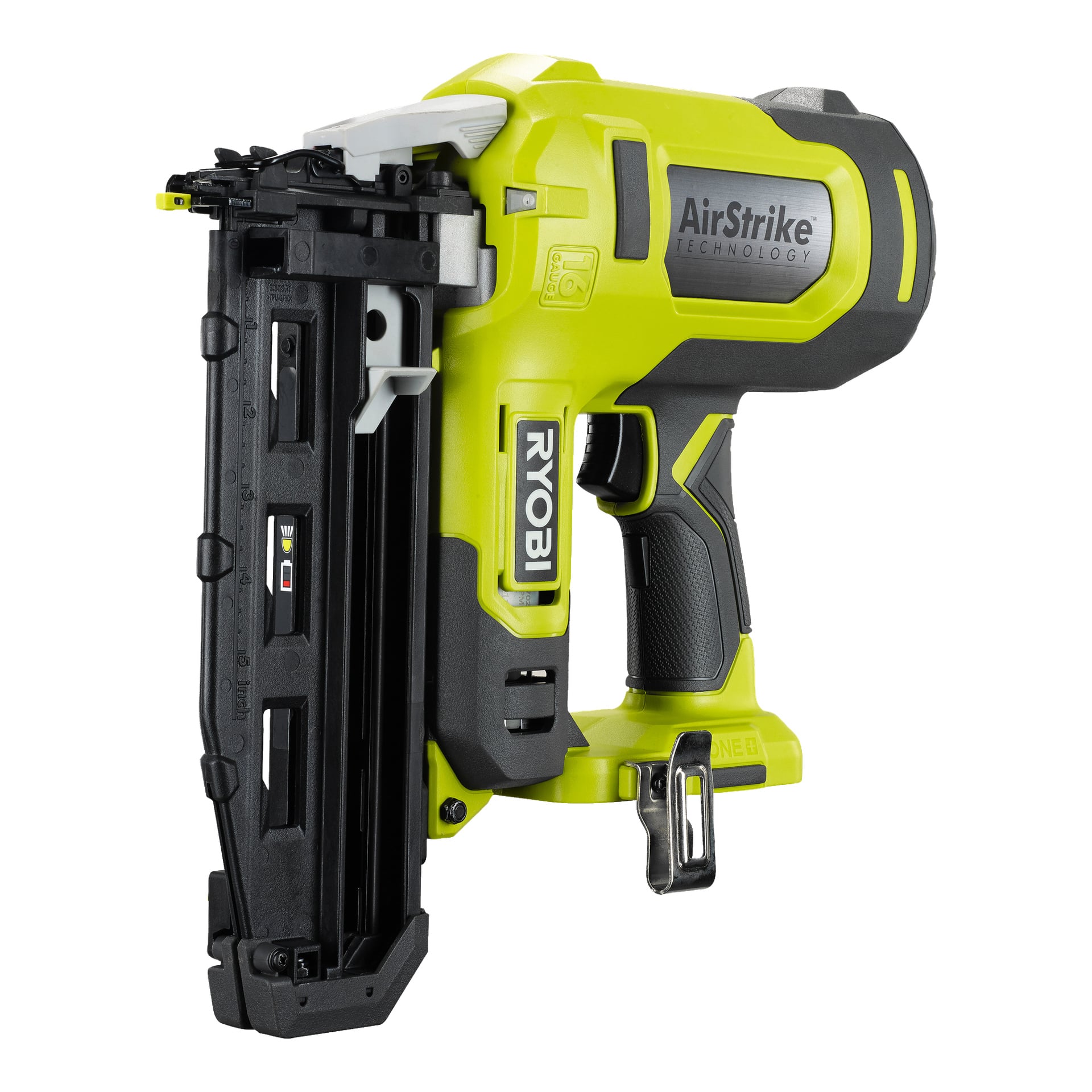 Ein Ryobi One+ R16GN18-0 akkuloser Brad-Nagelnagel in Gelb und Schwarz ist von der Seite zu sehen, mit dem Branding, dem Metall-Gürtelhaken und dem Nagelmagazin.