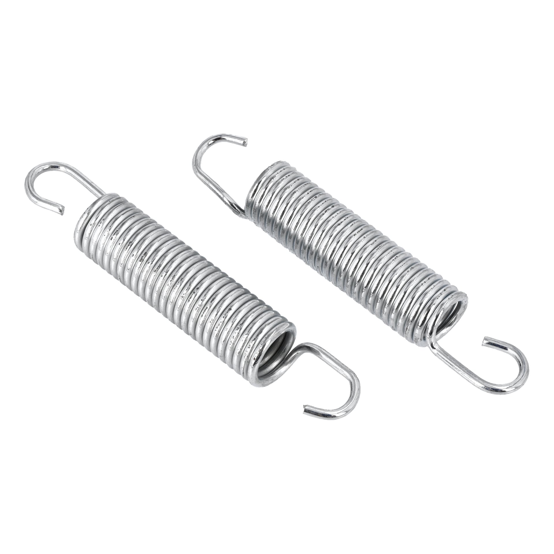 Två identiska studslingsmetallfjädrar med krokändar, en något ovanför och till vänster om den andra.