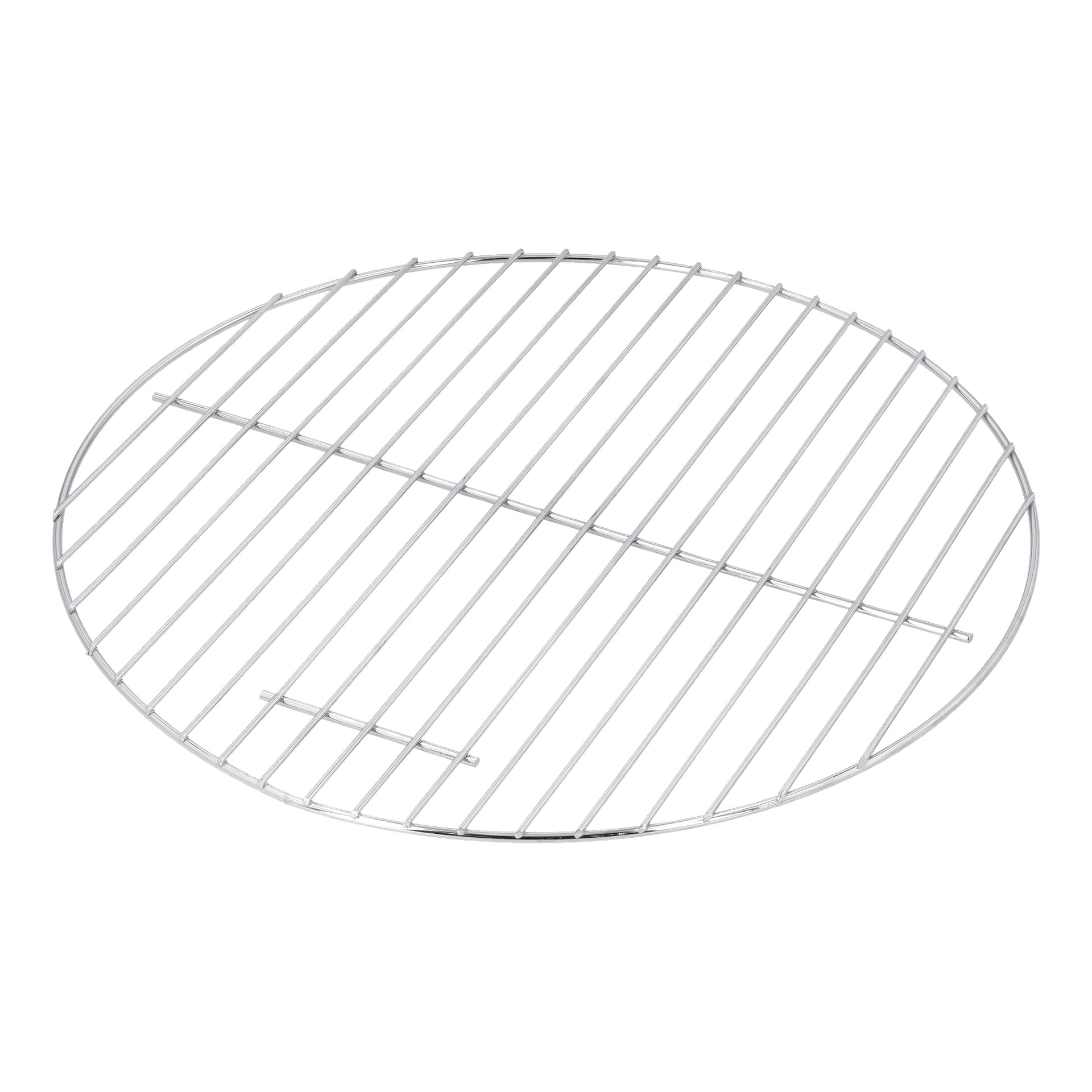 Runt metallgrillgaller med parallella stänger och en liten handtagsektion nära kanten.