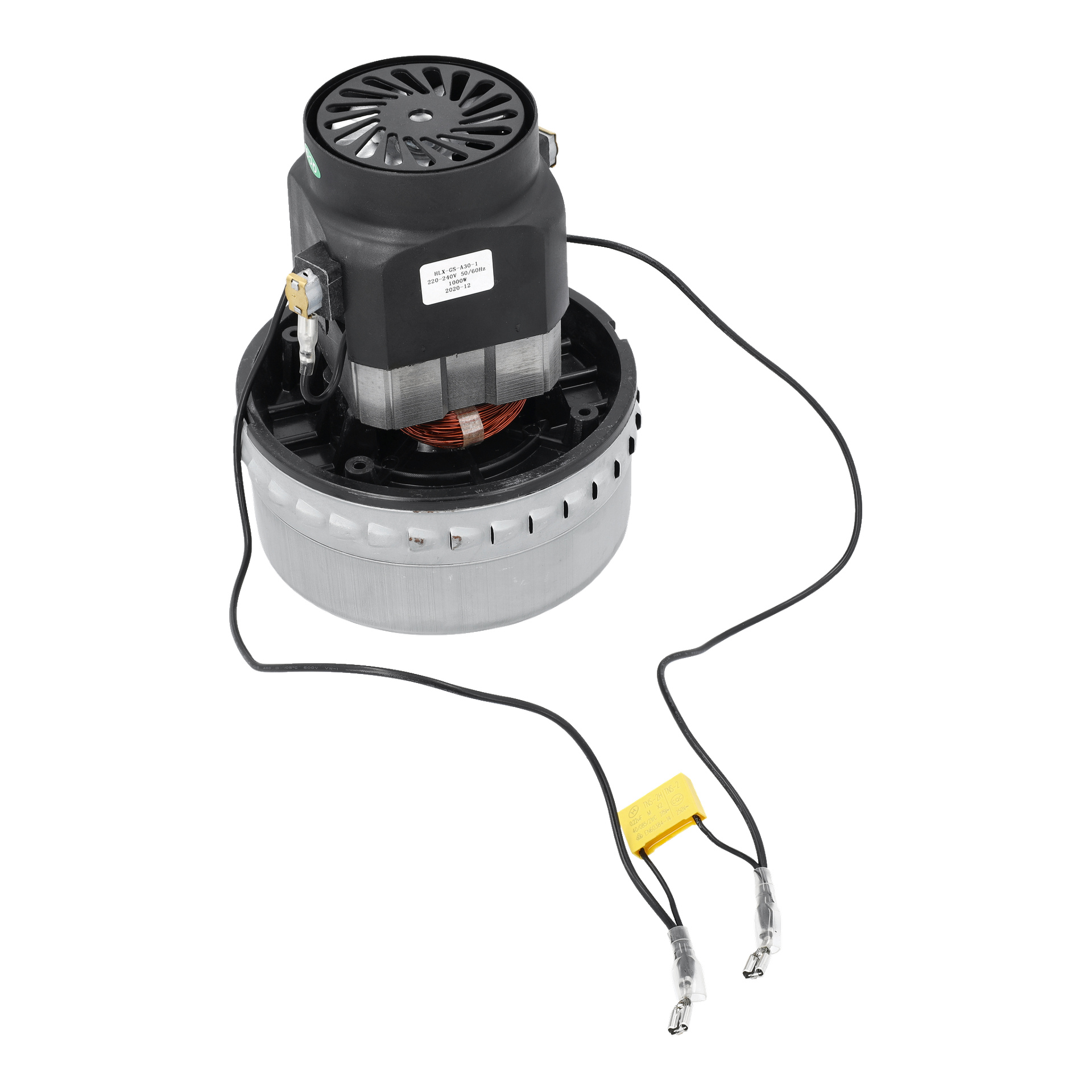 Motor F. 014123, en dammsugarmotor, har fastsatta kablar, svart hus, kopparspolar och en rund silverbas.