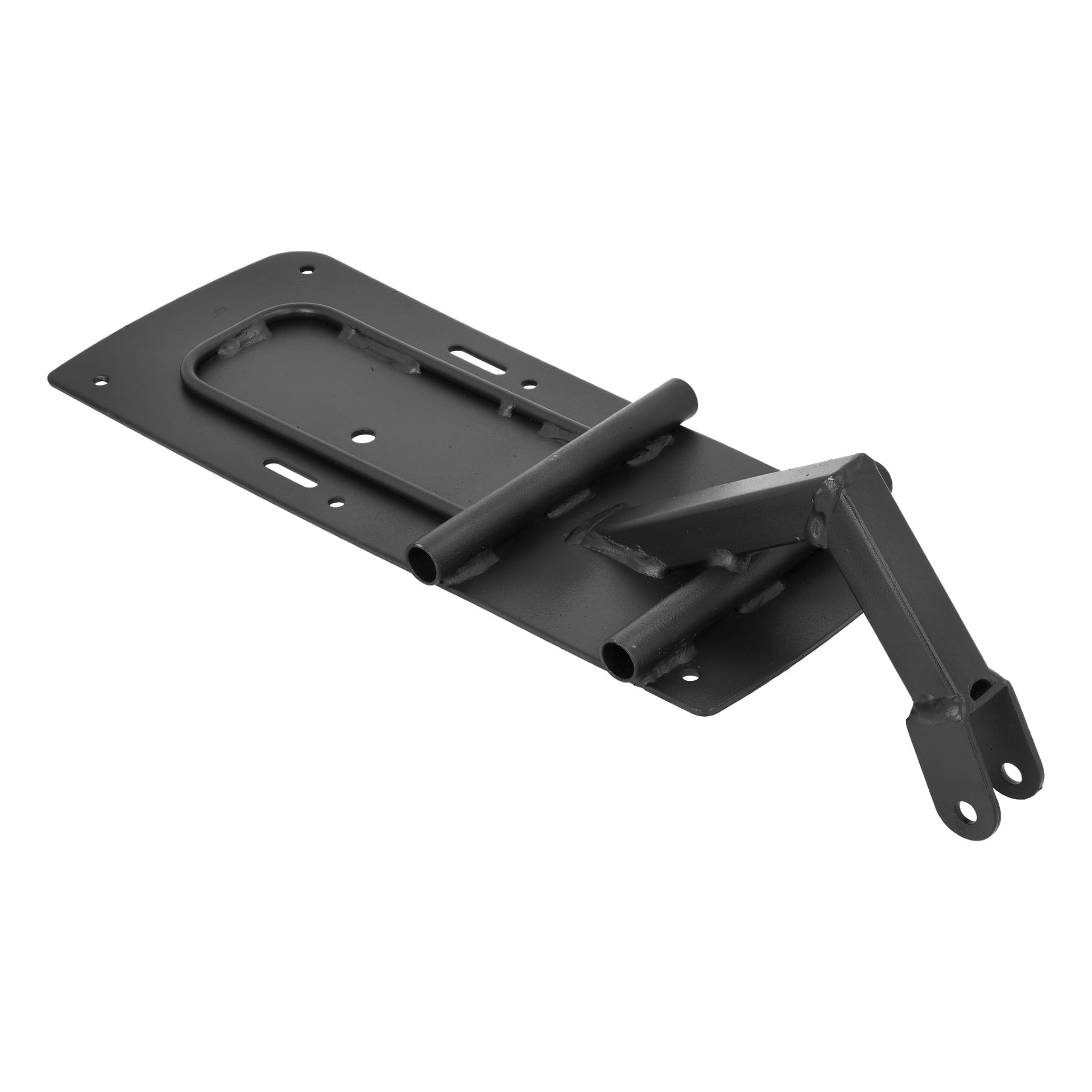 Pedal Left F. 009189" är ett svart metallfäste med en platt bas, flera hål och spår samt en vinklad stödarm som höjs från ena änden.