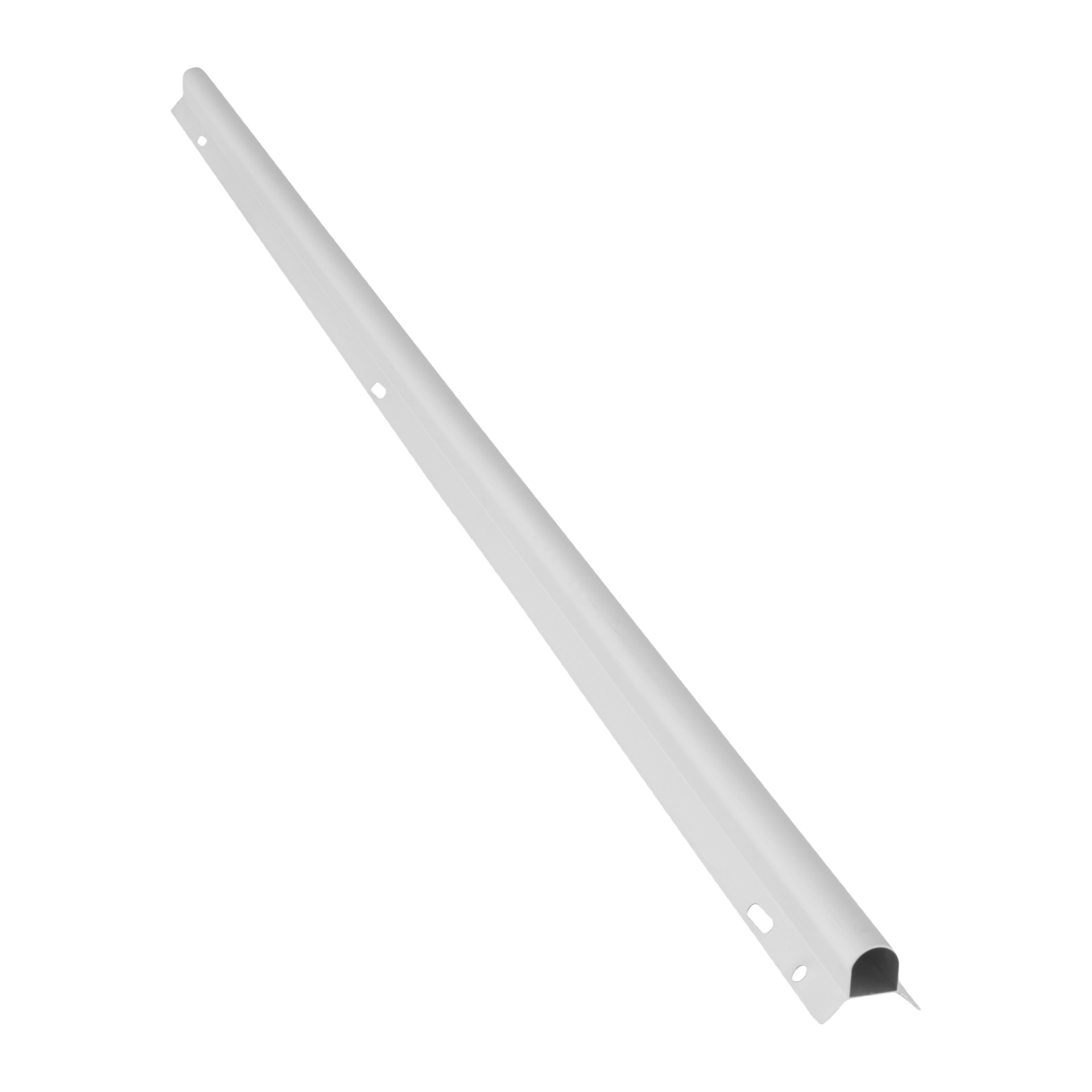 Aluminium Post Top 014465 har en vit, vinklad metalllist med hål och en vinklad ände, idealisk för att täta dörrar eller fönster.