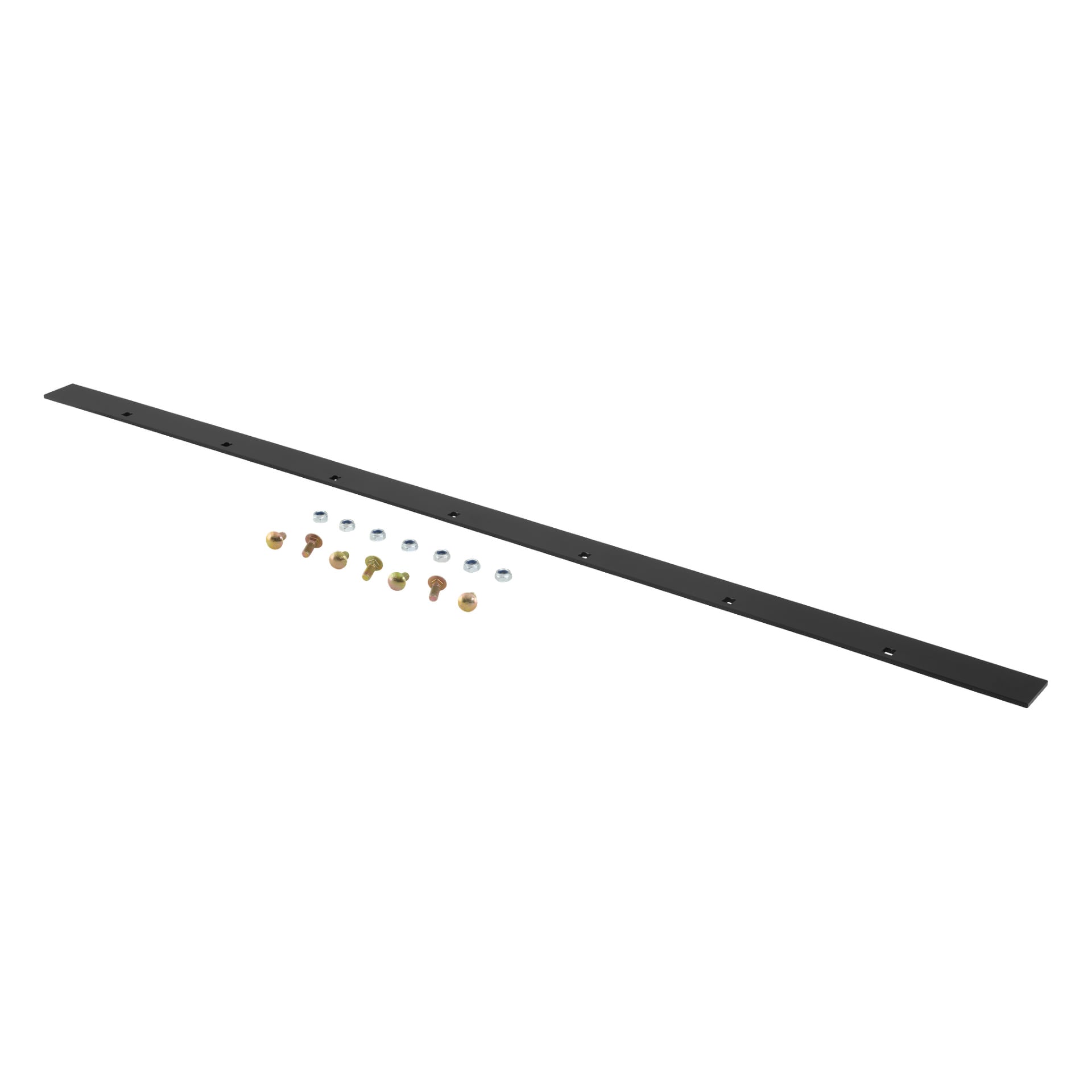 Wear Bar Snow Plough 003067, en lång svart metallremsa med förborrade hål, sitter bredvid tio bultar och fem muttrar.