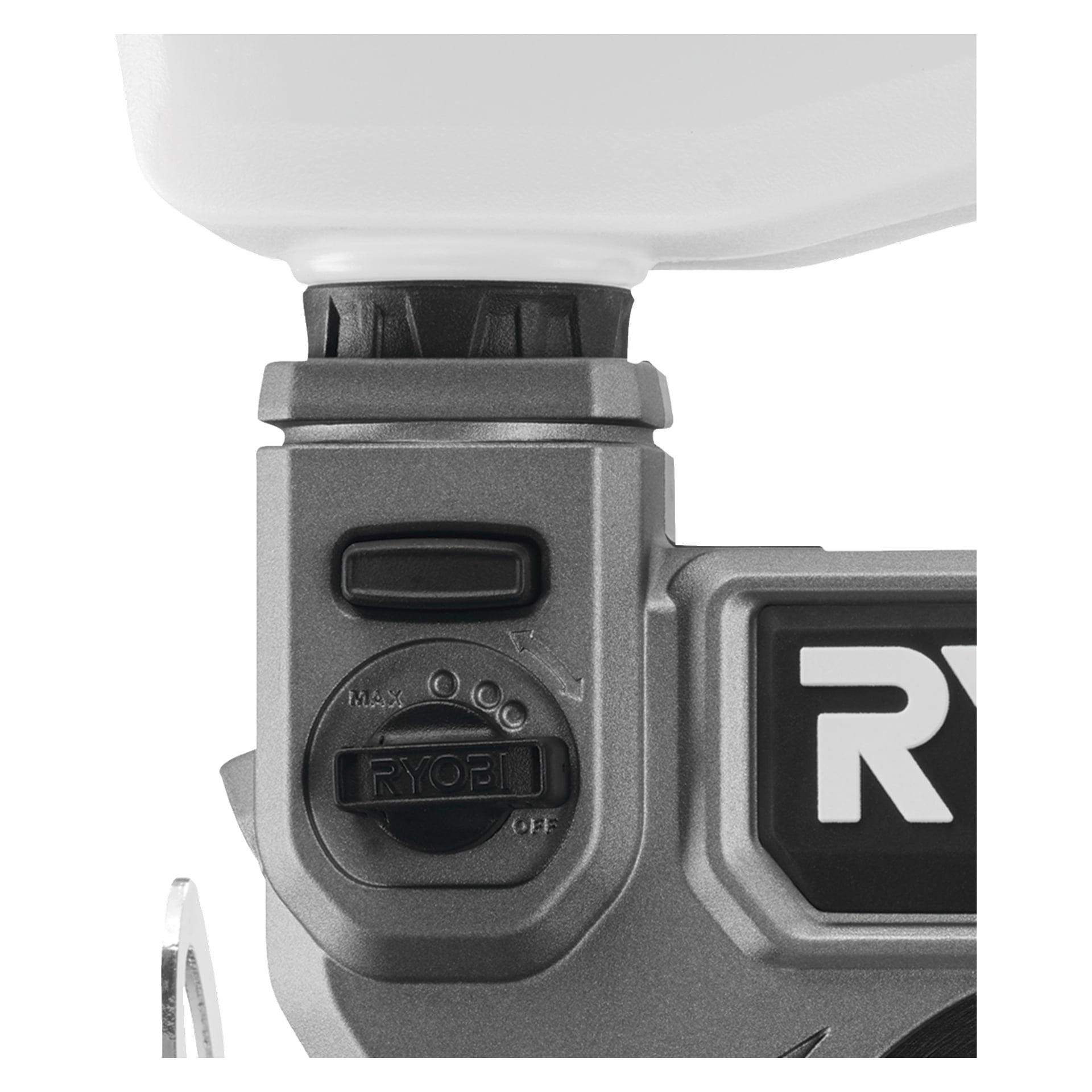 Närbild av Ryobi One+ HP batteridrivna plattor och klinker visade RTS18C-0 i grått. Bilden markerar en kontrollratt märkt MAX och AV, med en svart lock placerad ovanför ratten, samt en delvis skymt av en vit behållare högst upp. Höger kant visar en del av Ryobi One+ HP-logotypen.