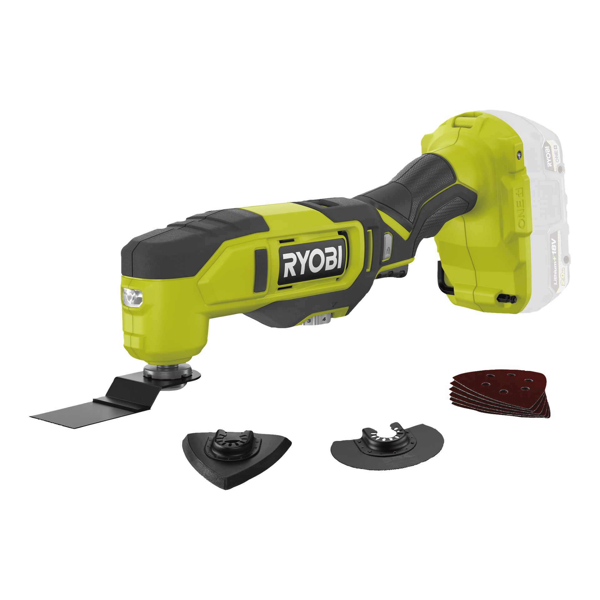Ett grönt och svart Ryobi One+ Multitool RMT18-0 trådlöst oscillerande verktyg visas med ett blad fäst, tillsammans med två extra tillbehör och några triangulära slipplattor placerade bredvid. Batteriet är inte installerat på verktyget.