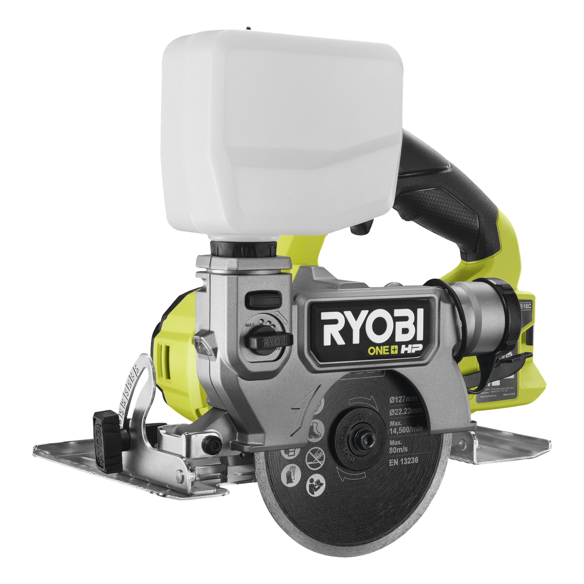 Ryobi One+ HP batteridriven kakel- och klinksåg (RTS18C-0) med grönt och svart handtag, metallblad och en vit dammuppsamlingslåda monterad ovanpå. Verktyget är vinklat för att visa fram- och vänstersidorna.