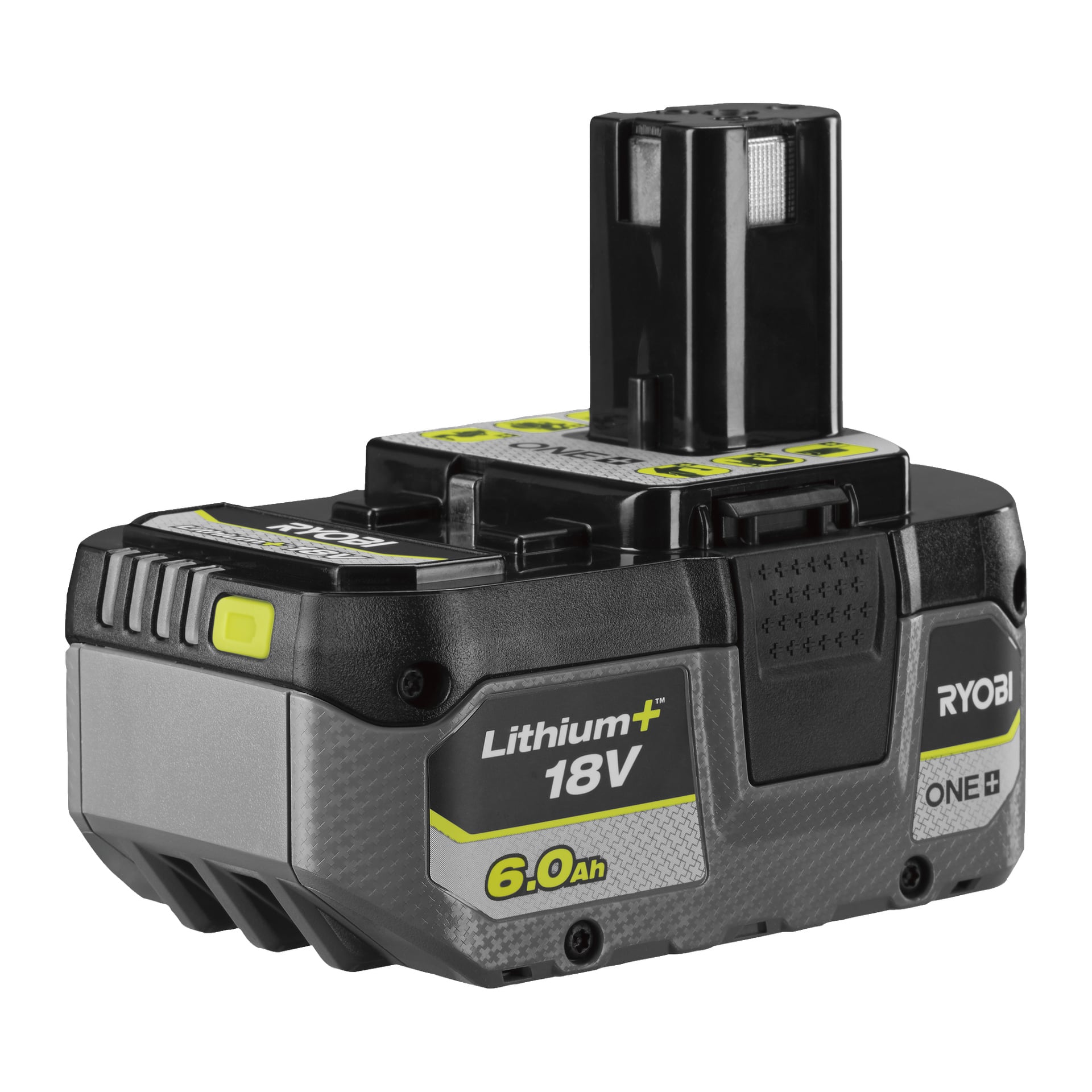 Ryobi One+ RB1860X bateria 18V 6.0Ah z szaro-czarną obudową, żółto-zielonymi detalami, etykietami "One+" i żebrowanymi bokami dla chwytu.