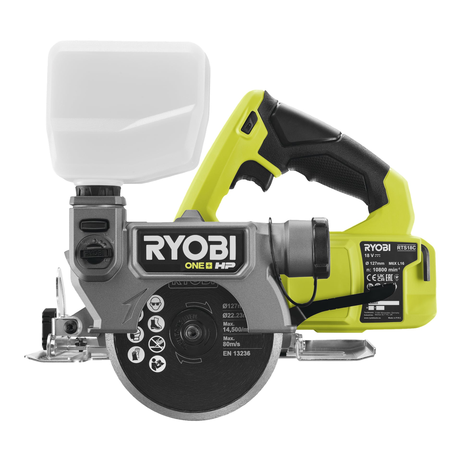 En Ryobi One+ HP sladdlös kakelsåg och klinksåg (RTS18C-0) med grönt och svart handtag, markerad bladskydd och en vit dammuppsamlingslåda placerad ovanpå. Varumärkes- och modelldetaljer visas tydligt på verktygets hölje.